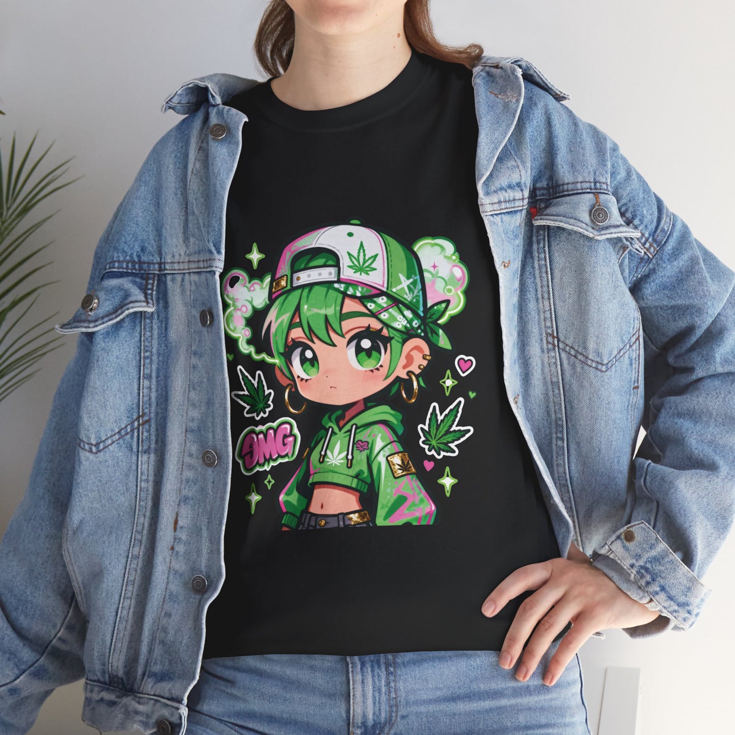 Green Anime Girl Tee — Cute Kawaii Character Shirt with Leaf Accent