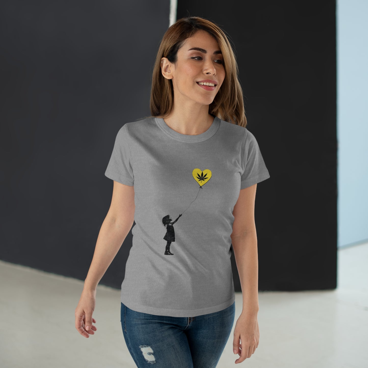 Women’s T-Shirt — Girl with Heart Balloon Weed Leaf Graphic