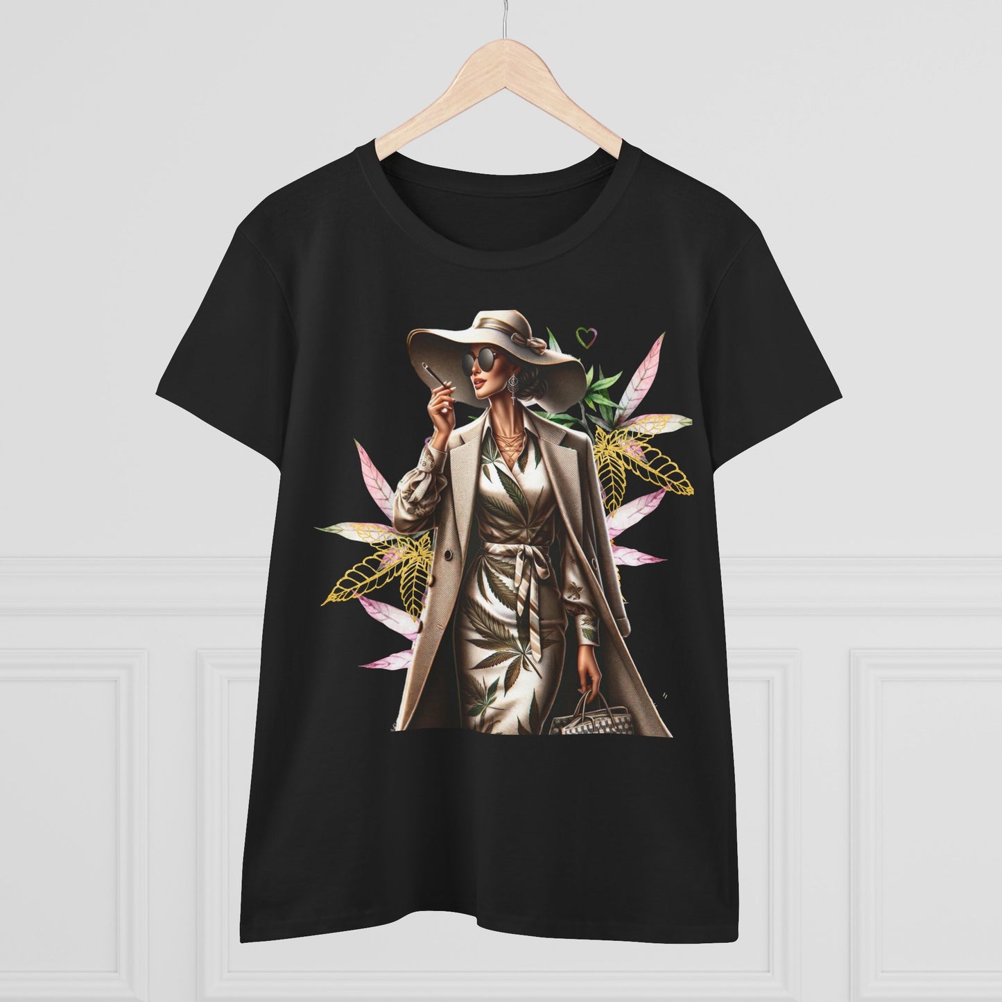 Chic Floral Fashion Tee — Stylish Woman in Trench & Sun Hat Graphic