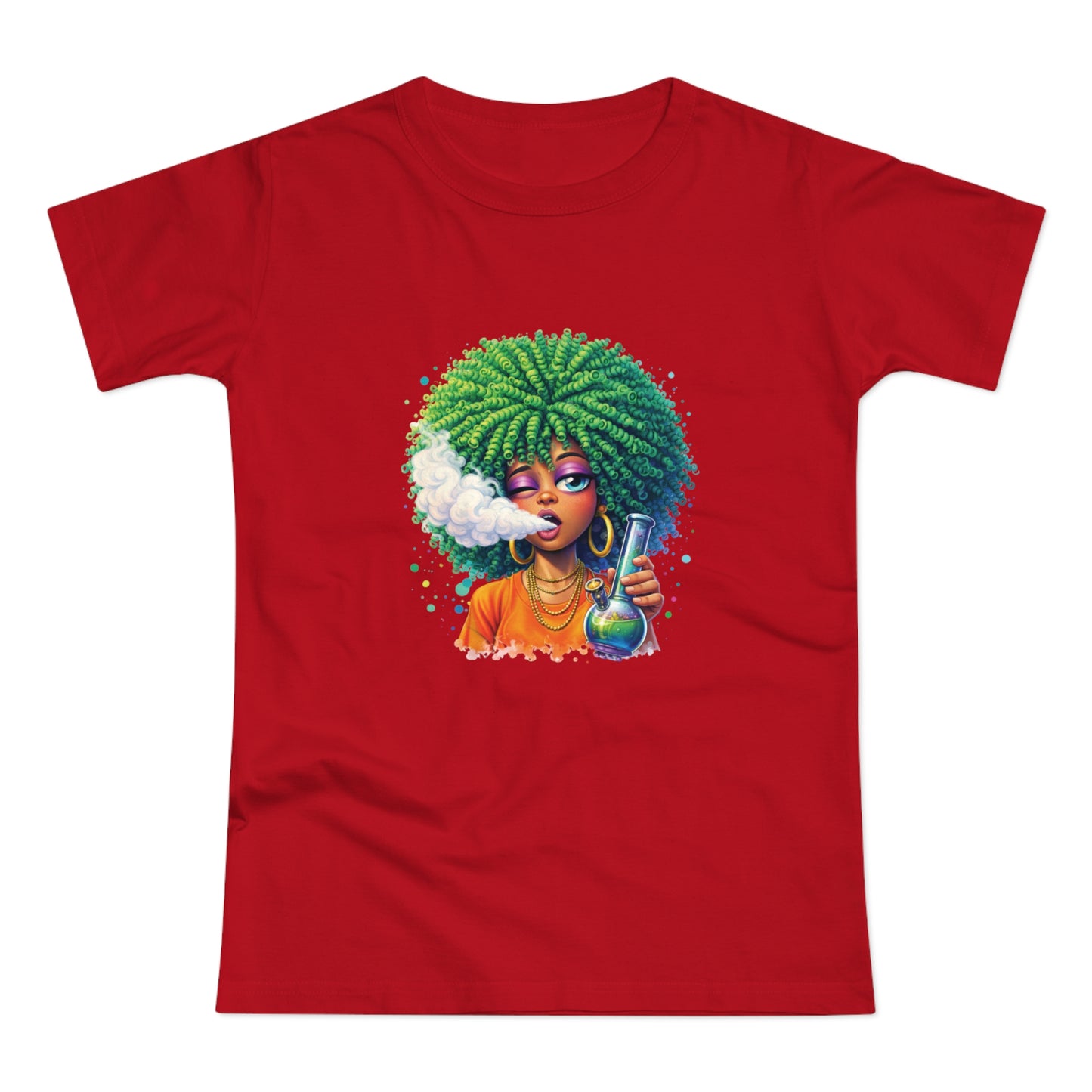 Women’s Graphic T‑Shirt — Afro Puff Girl Vaping Art