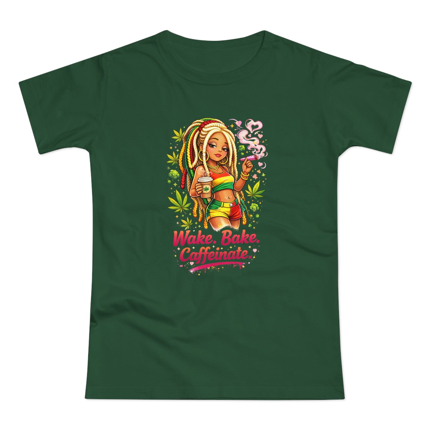 Wake, Bake, Caffeinate T-Shirt — Rasta Girl Coffee & Weed Graphic Tee