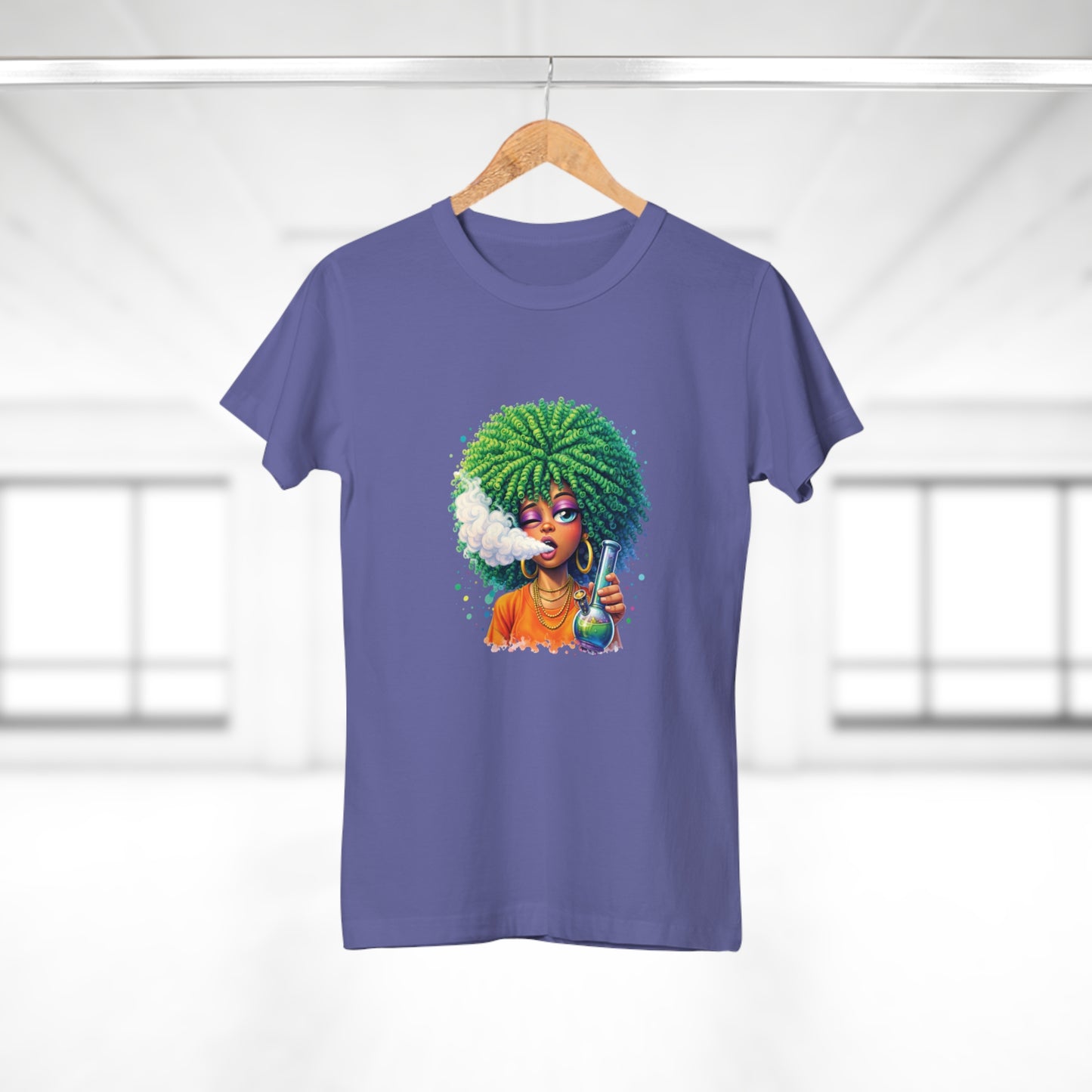 Women’s Graphic T‑Shirt — Afro Puff Girl Vaping Art
