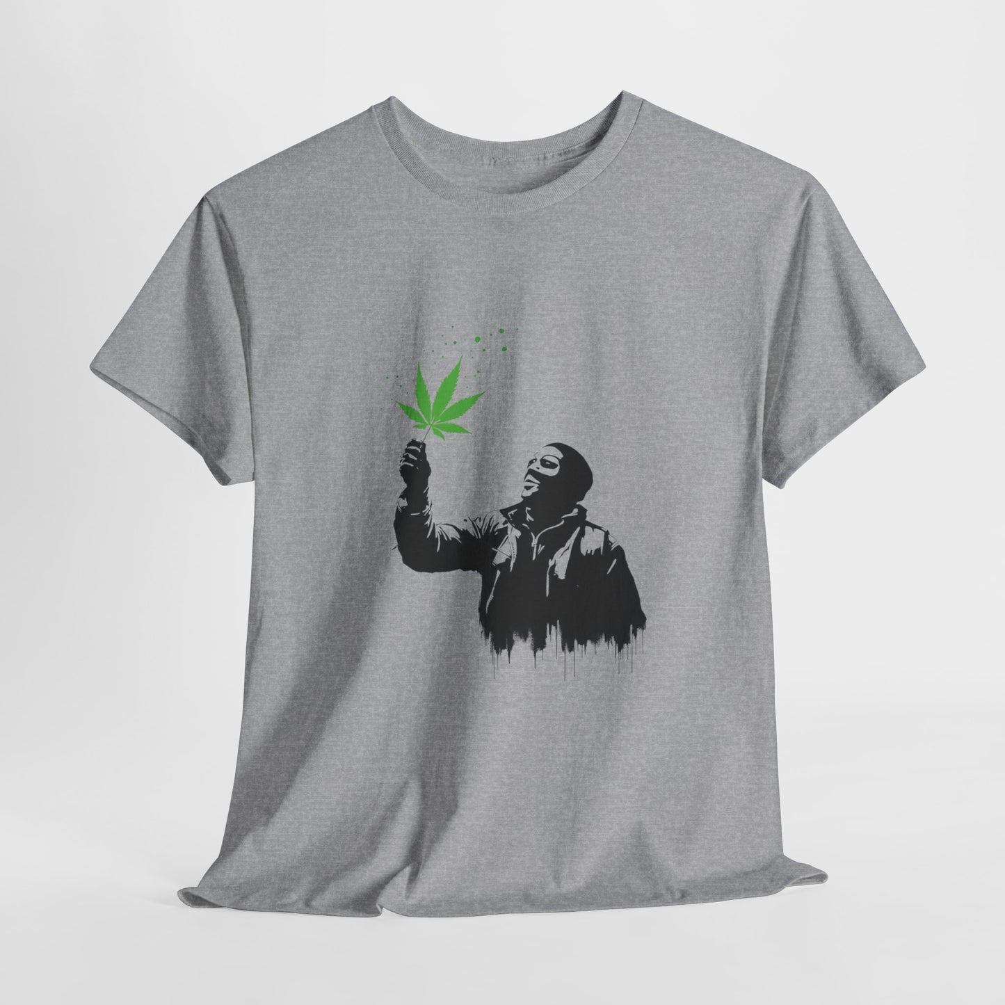 Weed Leaf Stencil Tee — Man Holding Green 420 Graphic T-Shirt
