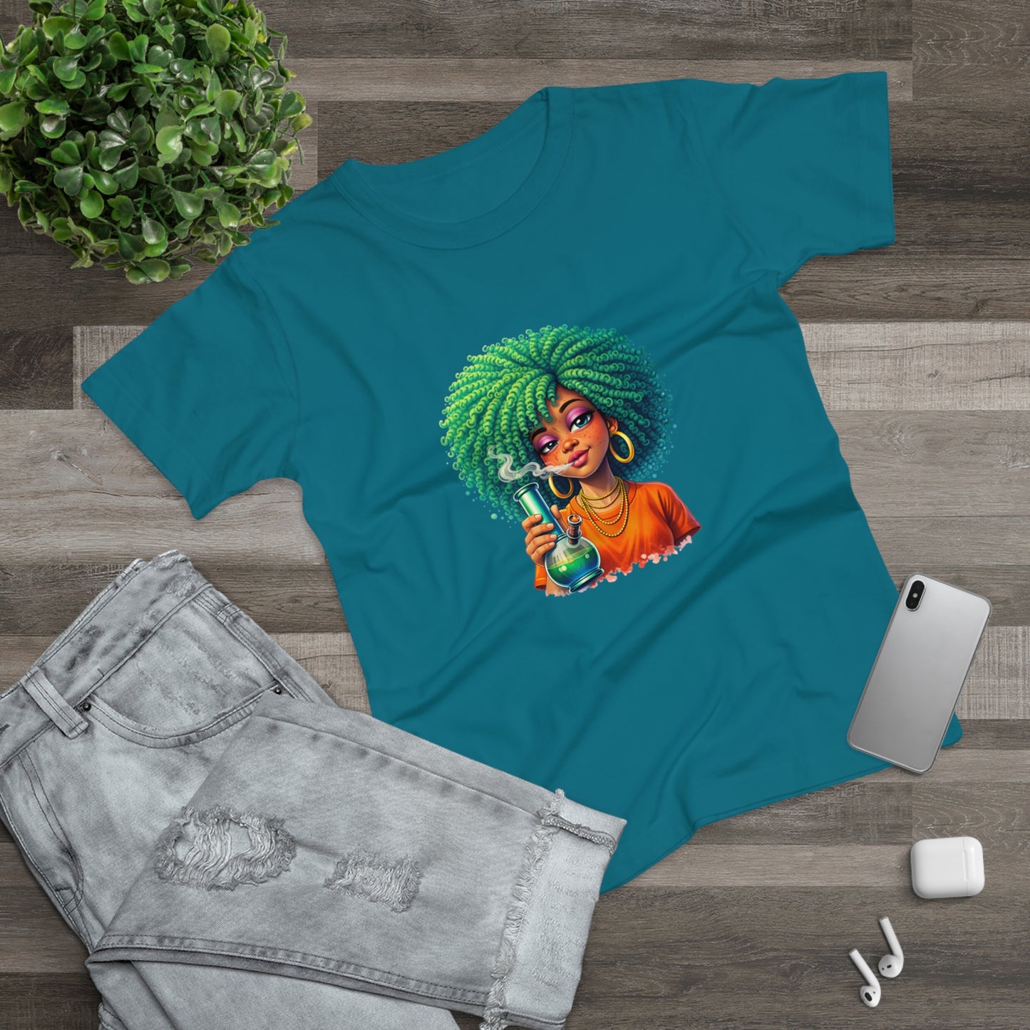Afro Green Hair Scientist T‑Shirt — Cute Black Girl Chemist Graphic Tee