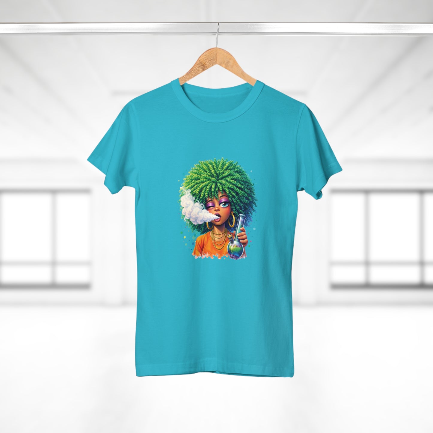 Women’s Graphic T‑Shirt — Afro Puff Girl Vaping Art