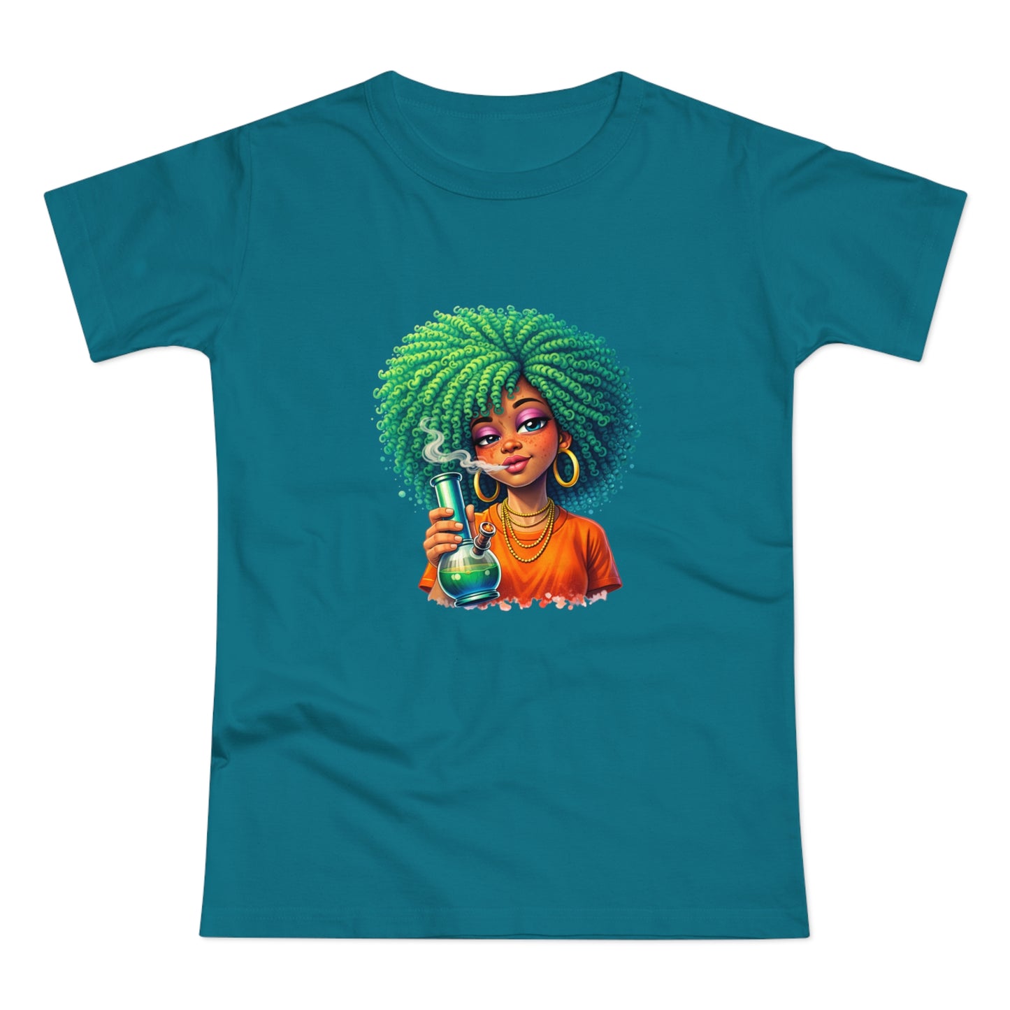 Afro Green Hair Scientist T‑Shirt — Cute Black Girl Chemist Graphic Tee
