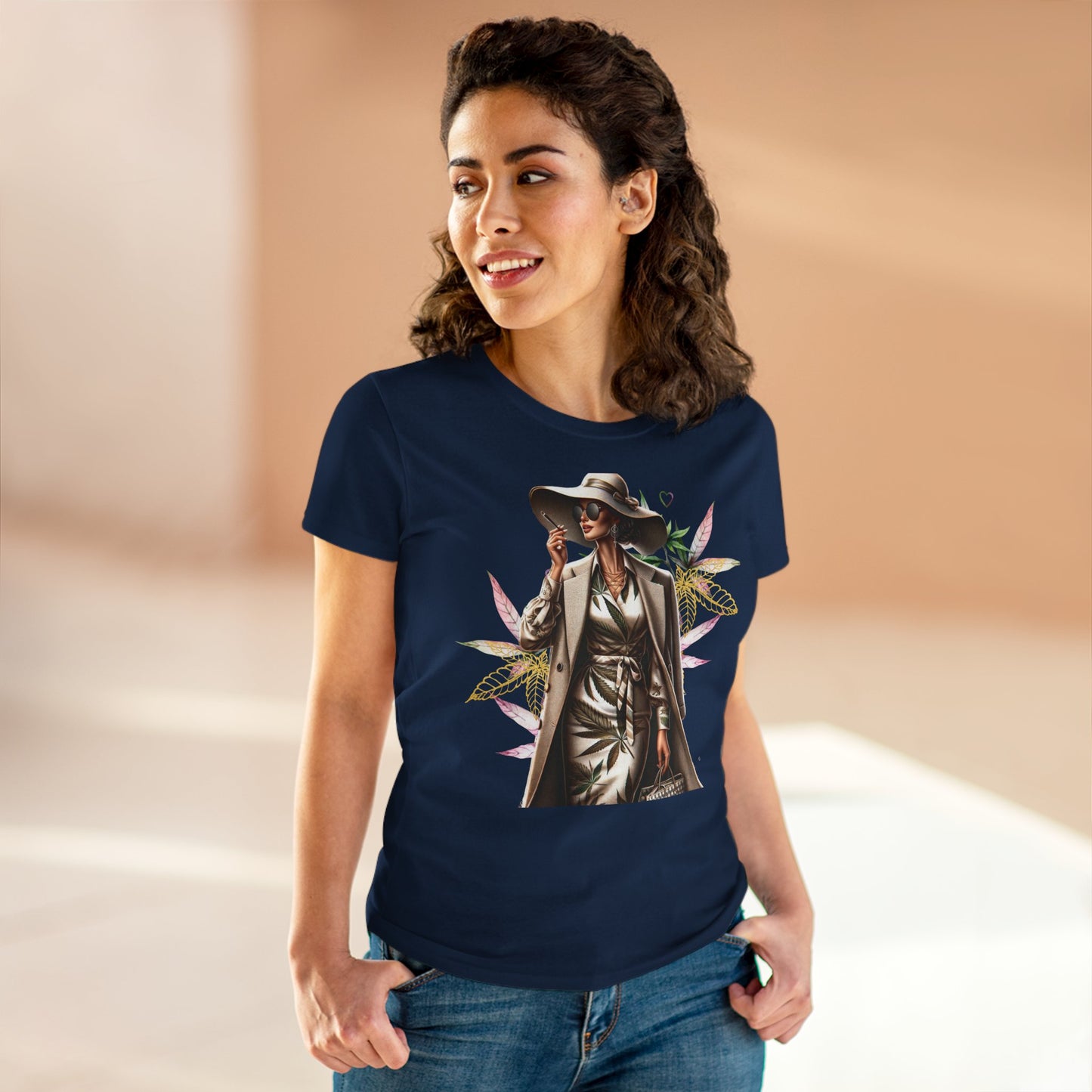 Chic Floral Fashion Tee — Stylish Woman in Trench & Sun Hat Graphic