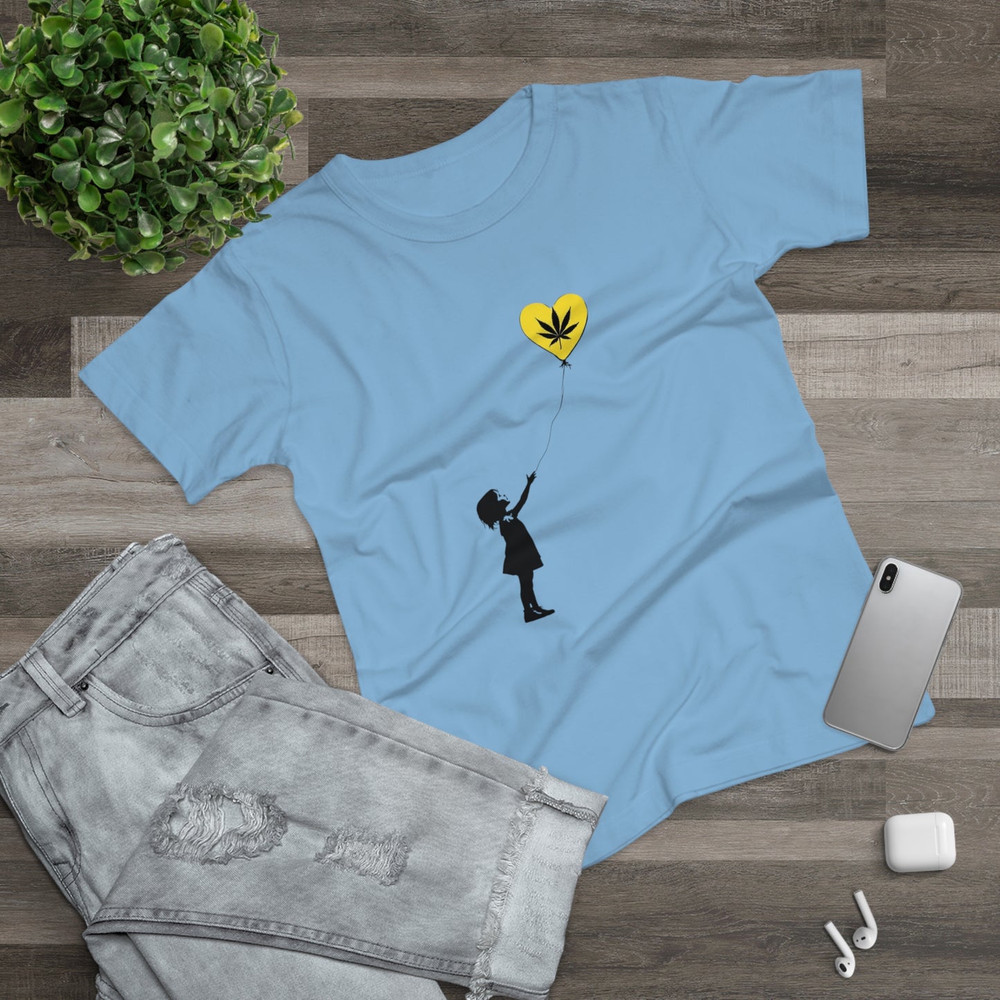 Women’s T-Shirt — Girl with Heart Balloon Weed Leaf Graphic