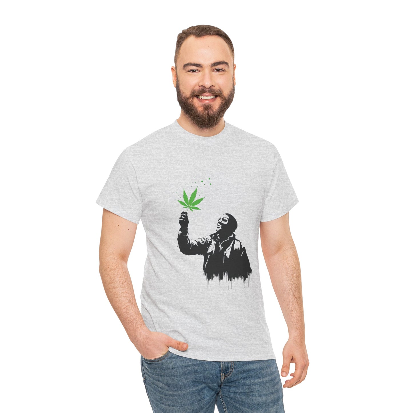Weed Leaf Stencil Tee — Man Holding Green 420 Graphic T-Shirt