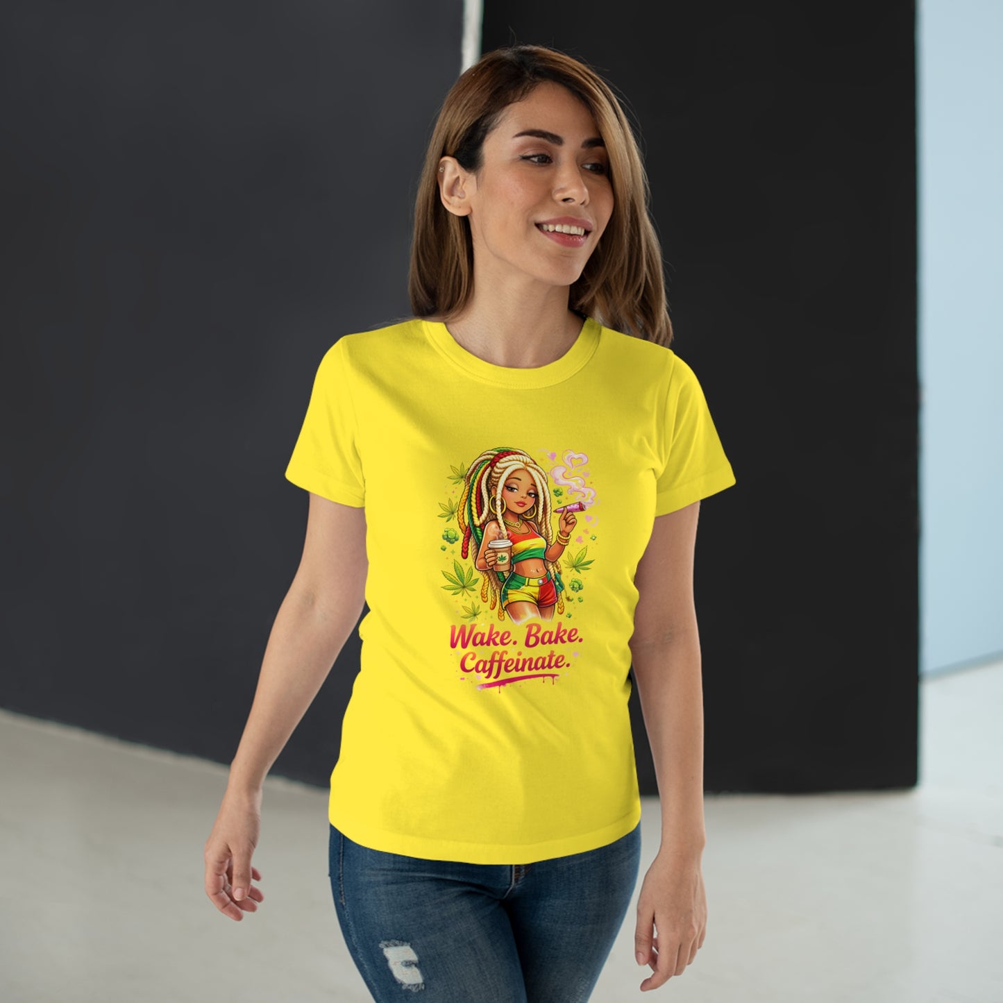 Wake, Bake, Caffeinate T-Shirt — Rasta Girl Coffee & Weed Graphic Tee