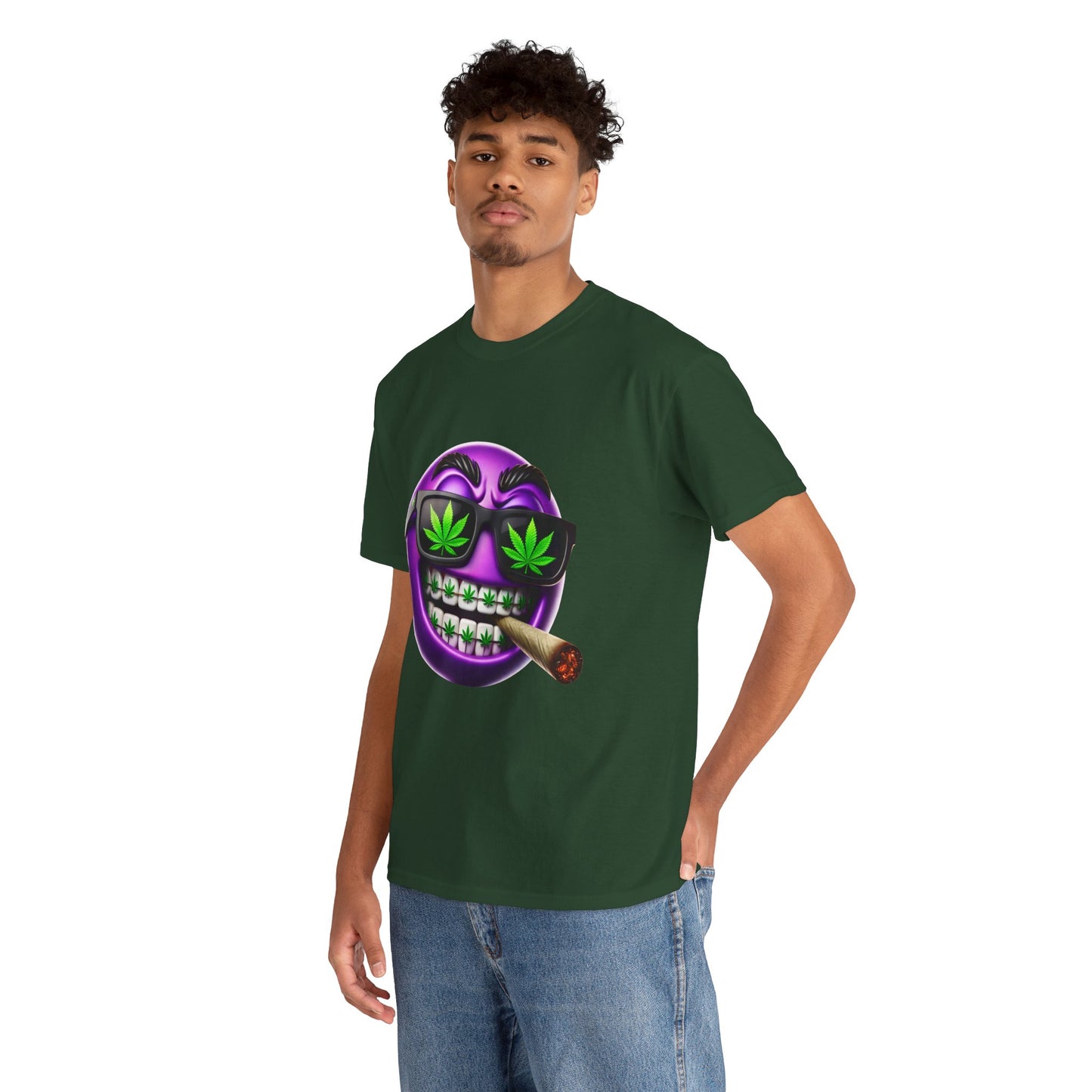 420 Smiley T-Shirt — Purple Grinning Emoticon with Weed Sunglasses & Joint