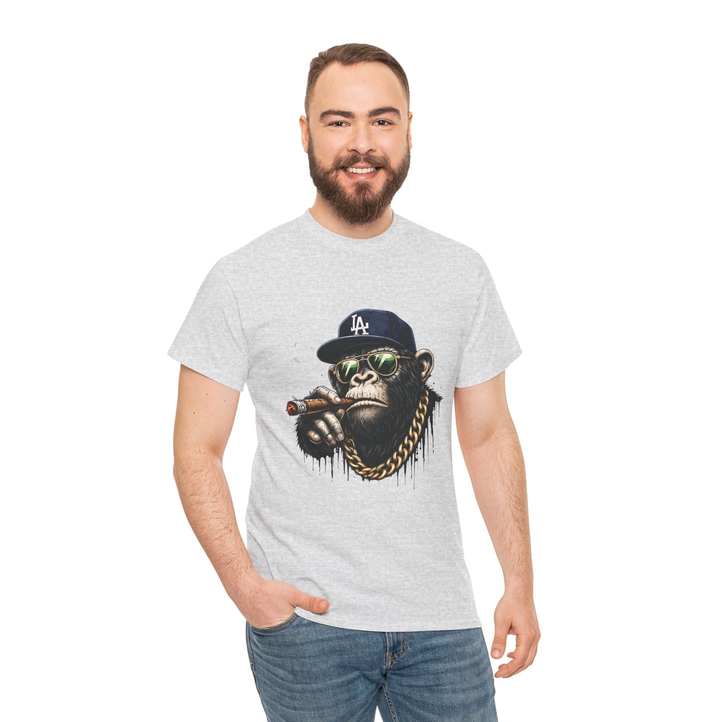 Cigar-Chomping Hip Hop Monkey T-Shirt — LA Cap & Gold Chain Streetwear