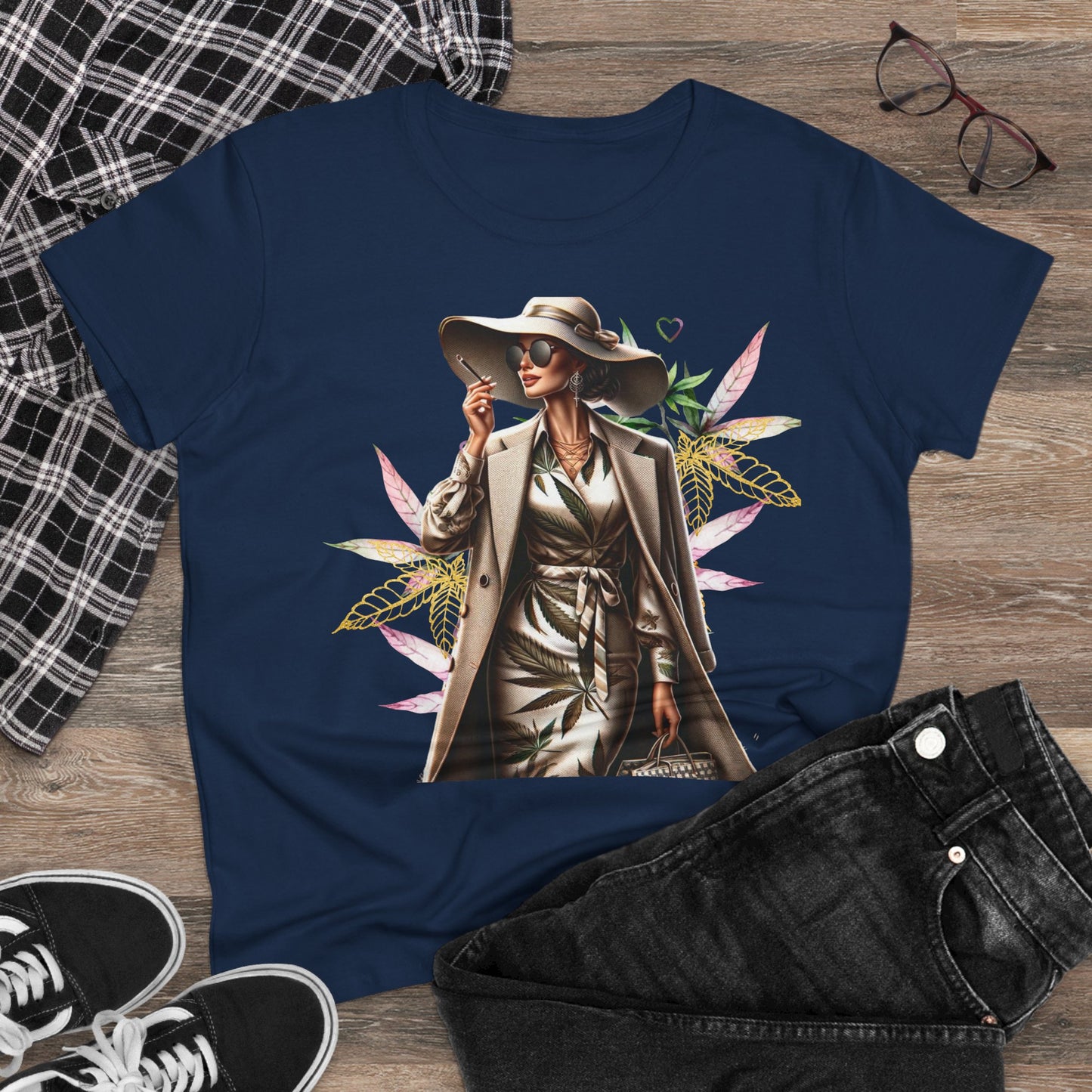 Chic Floral Fashion Tee — Stylish Woman in Trench & Sun Hat Graphic