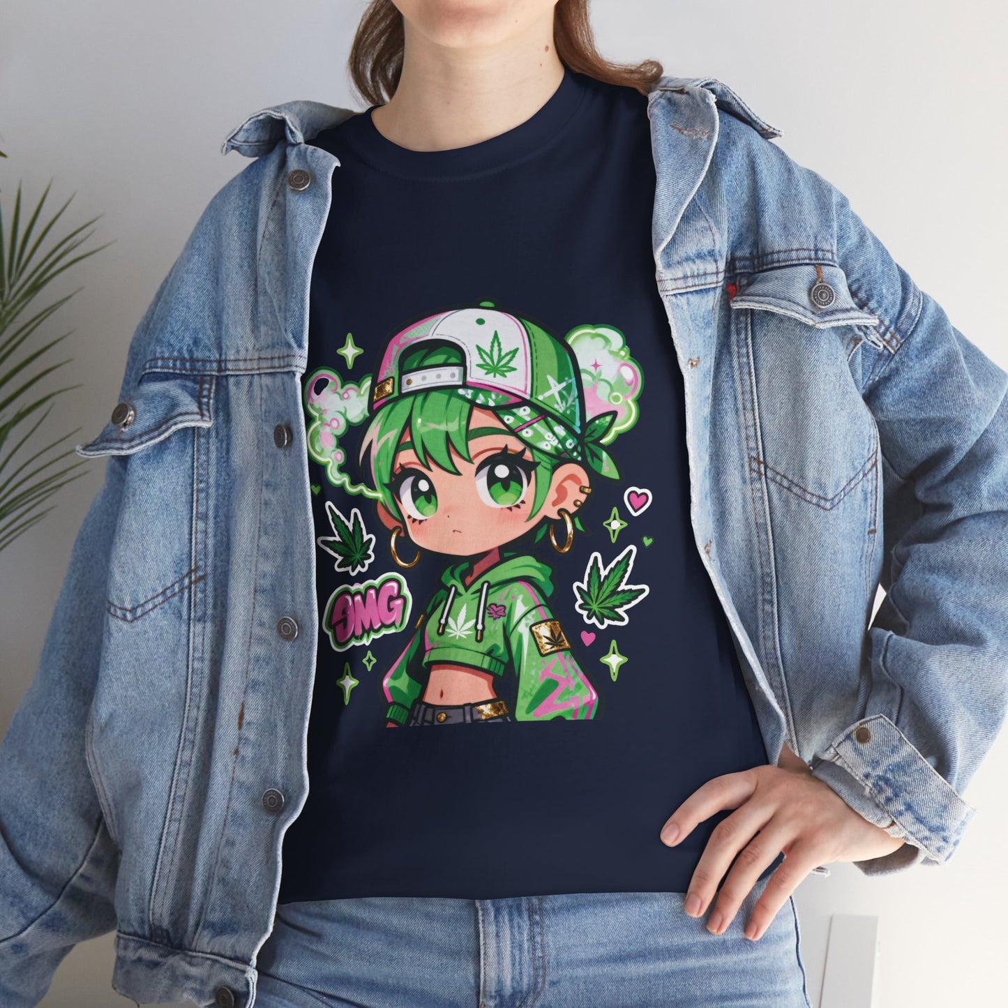 Green Anime Girl Tee — Cute Kawaii Character Shirt with Leaf Accent