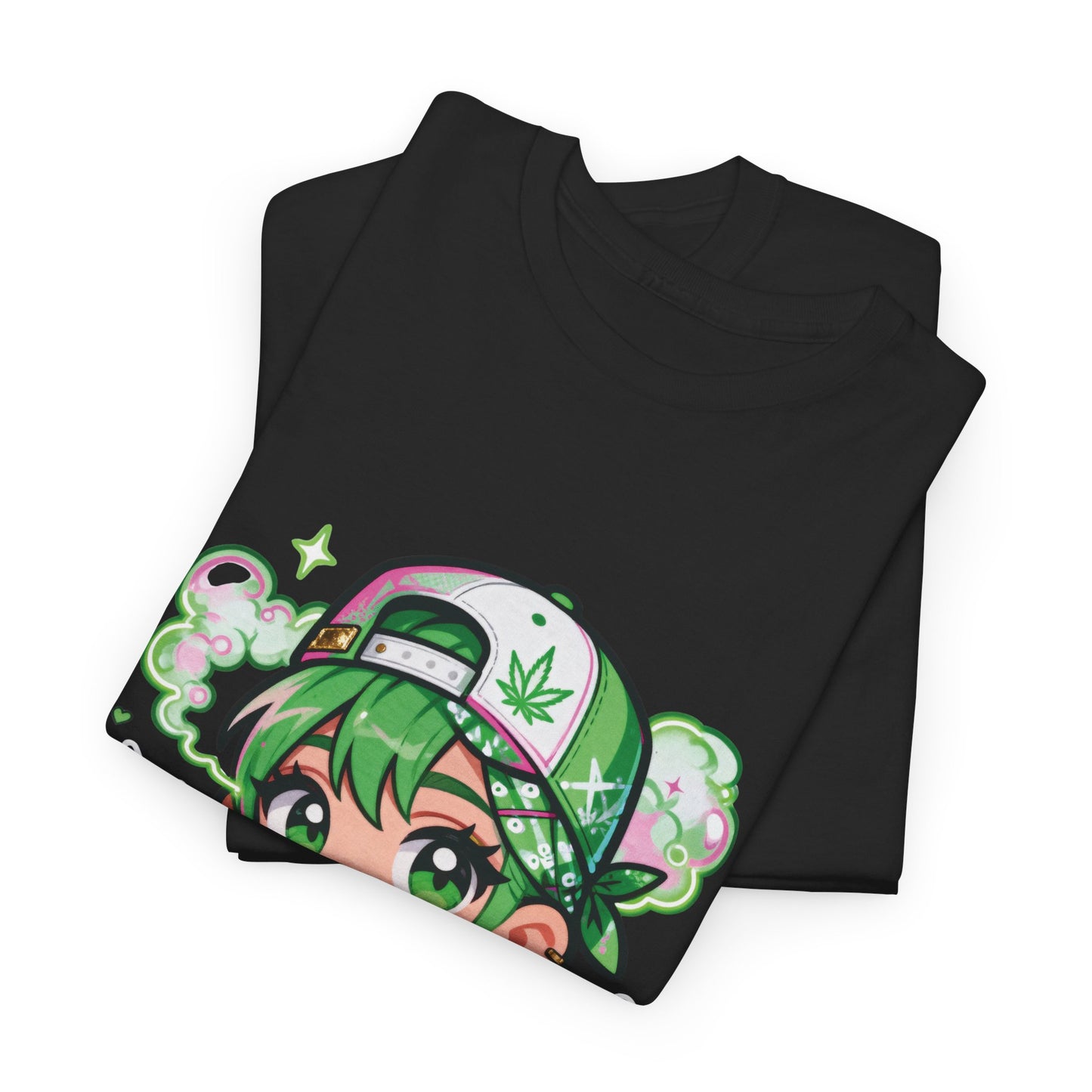 Green Anime Girl Tee — Cute Kawaii Character Shirt with Leaf Accent