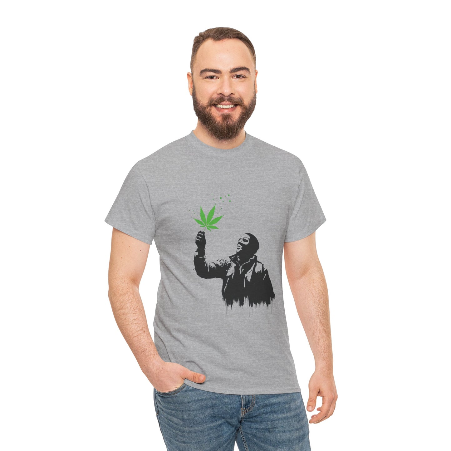 Weed Leaf Stencil Tee — Man Holding Green 420 Graphic T-Shirt