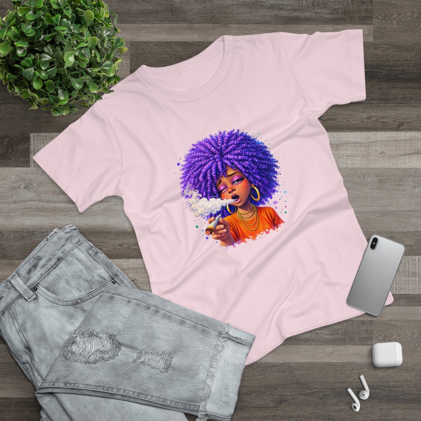 Women's T-Shirt — Purple Afro Girl Art Graphic Tee (Smoke Vibe)