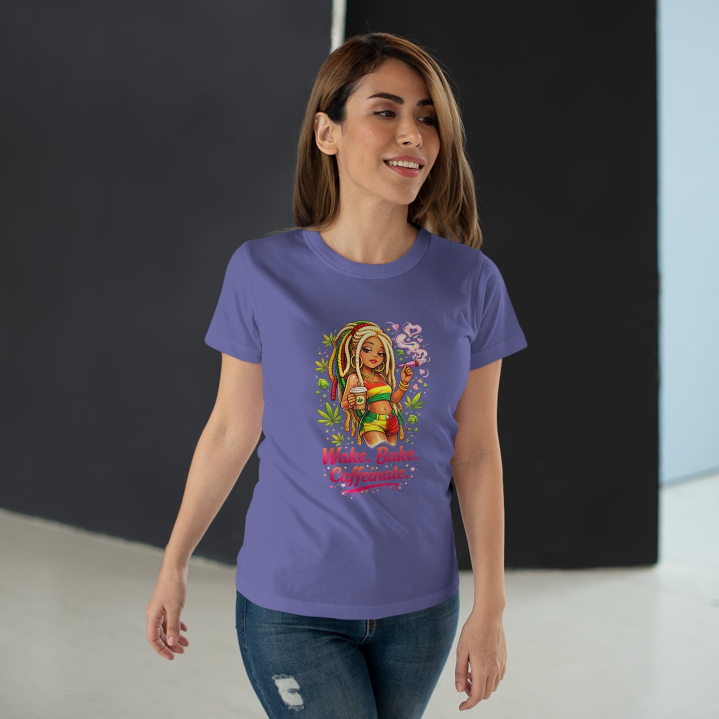 Wake, Bake, Caffeinate T-Shirt — Rasta Girl Coffee & Weed Graphic Tee
