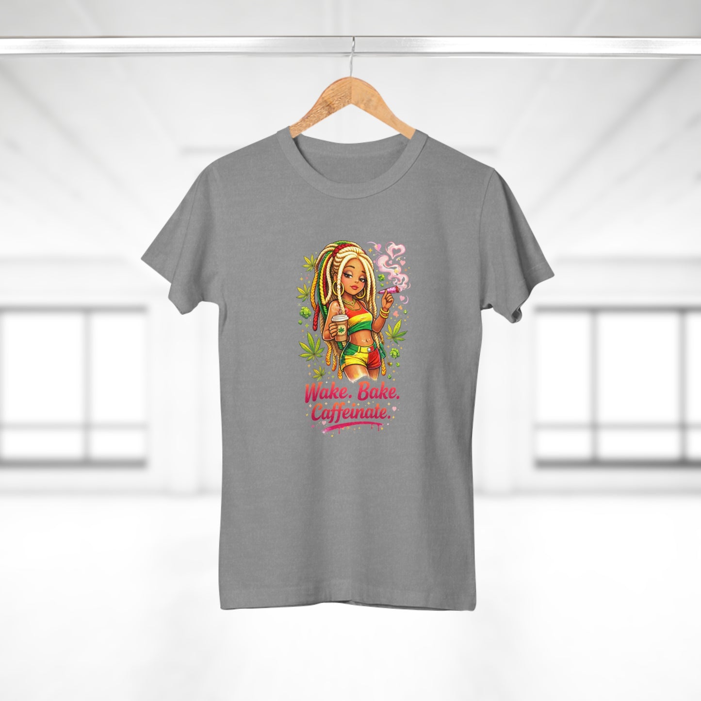 Wake, Bake, Caffeinate T-Shirt — Rasta Girl Coffee & Weed Graphic Tee