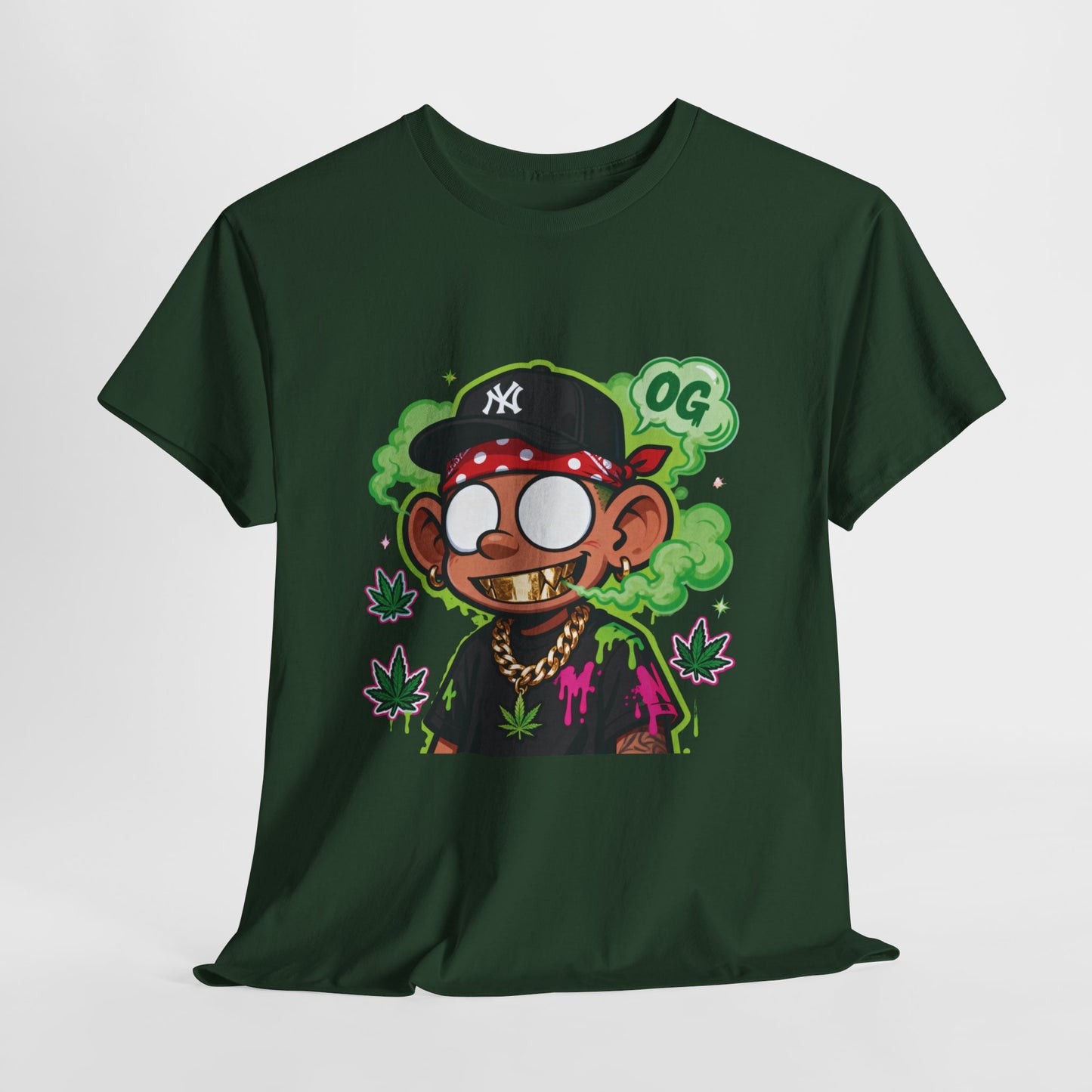 T-Shirt — OG Cartoon Stoner Graphic Tee (Green Smoke & Leaf Design)