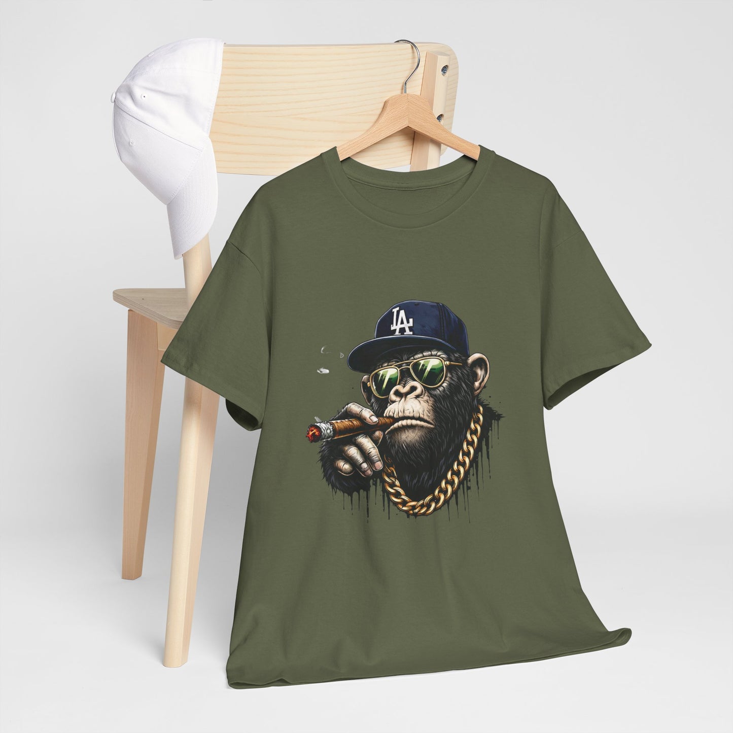 Cigar-Chomping Hip Hop Monkey T-Shirt — LA Cap & Gold Chain Streetwear