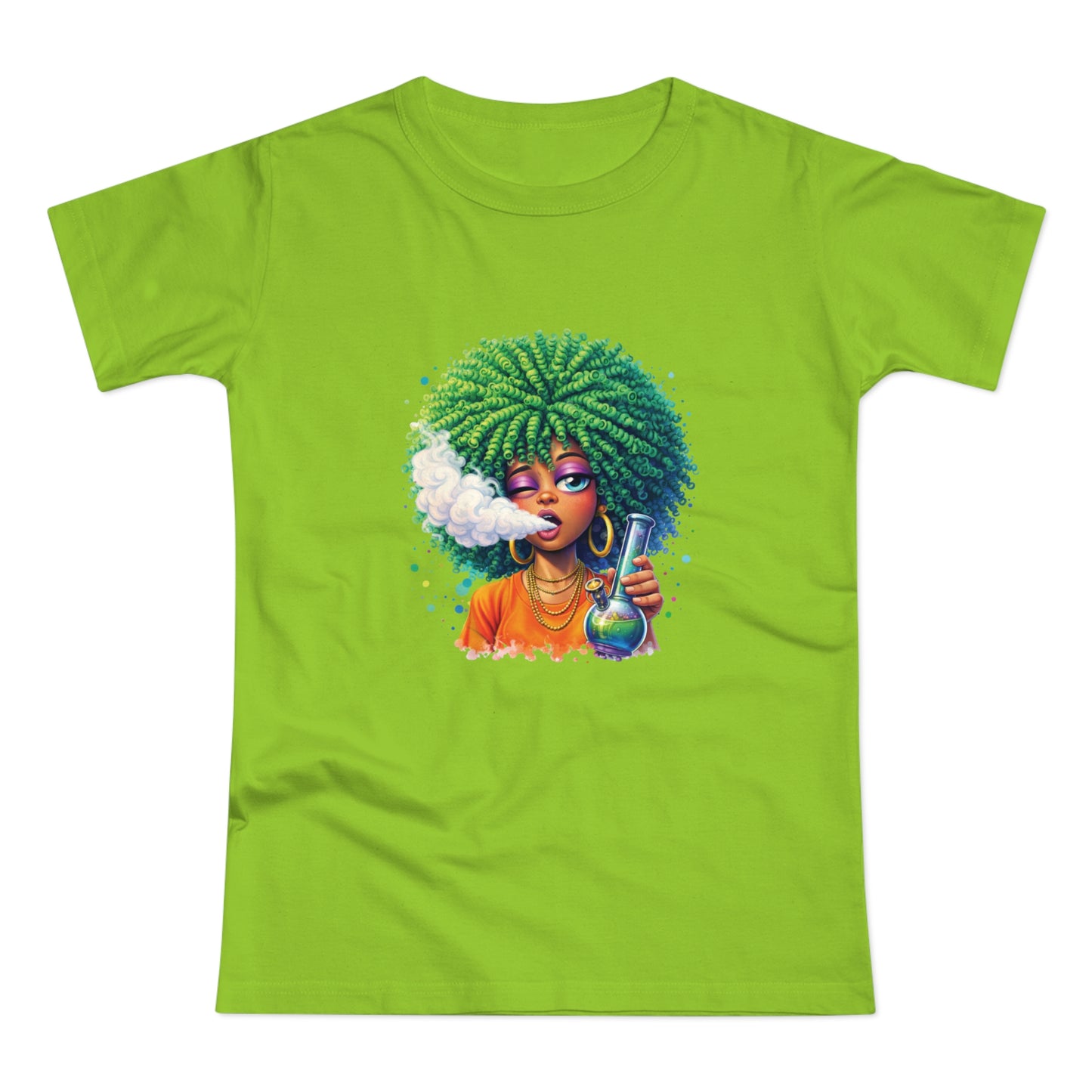 Women’s Graphic T‑Shirt — Afro Puff Girl Vaping Art