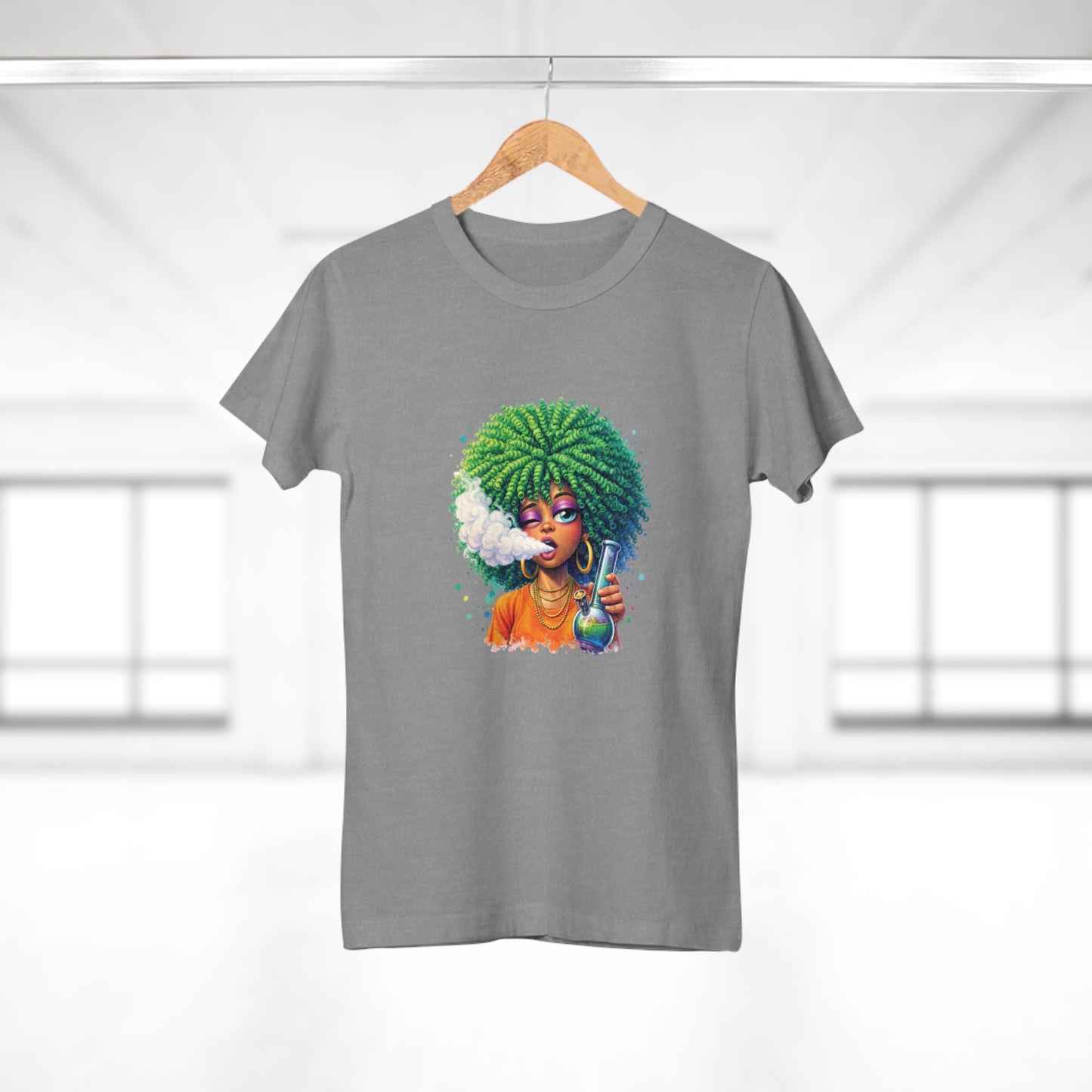 Women’s Graphic T‑Shirt — Afro Puff Girl Vaping Art