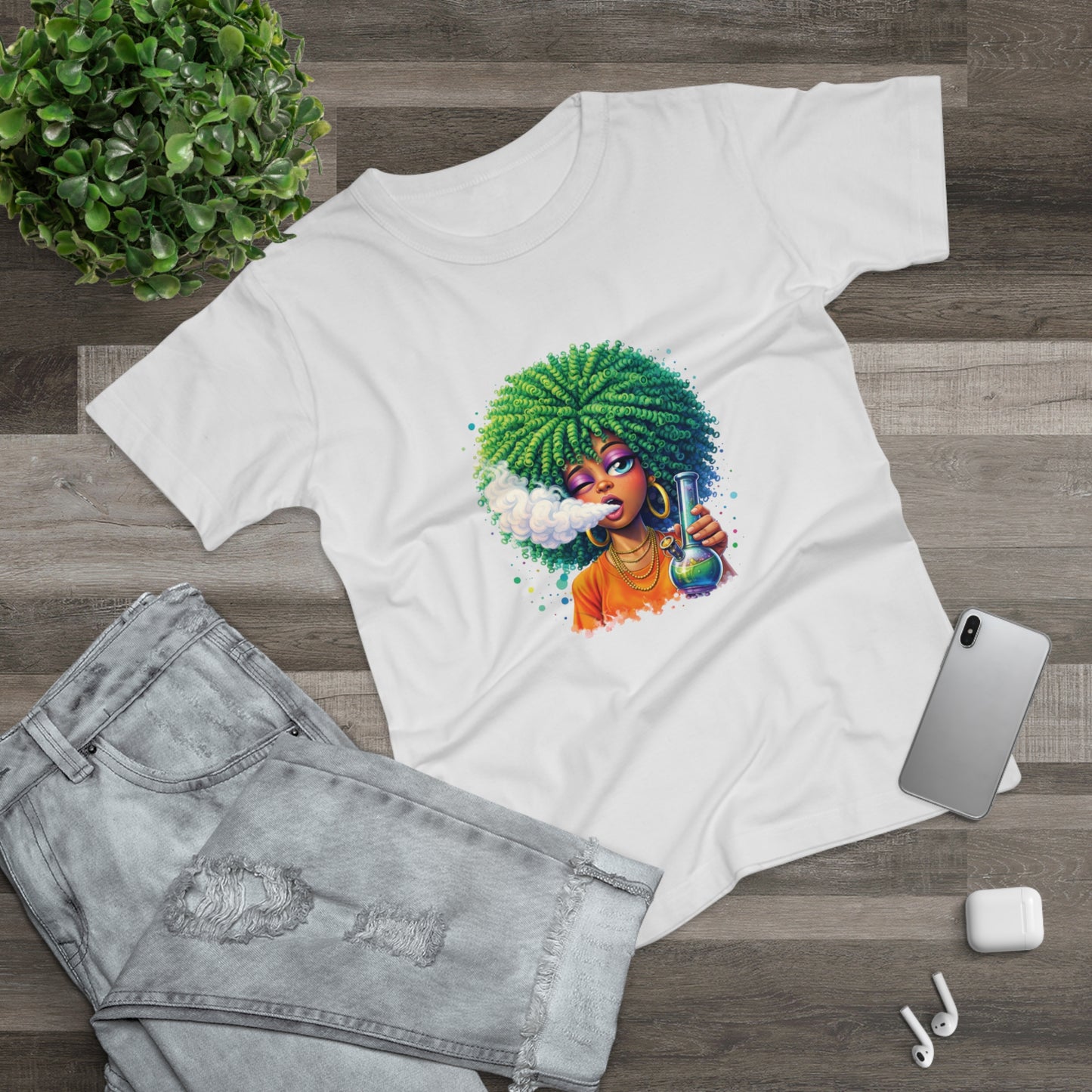 Women’s Graphic T‑Shirt — Afro Puff Girl Vaping Art