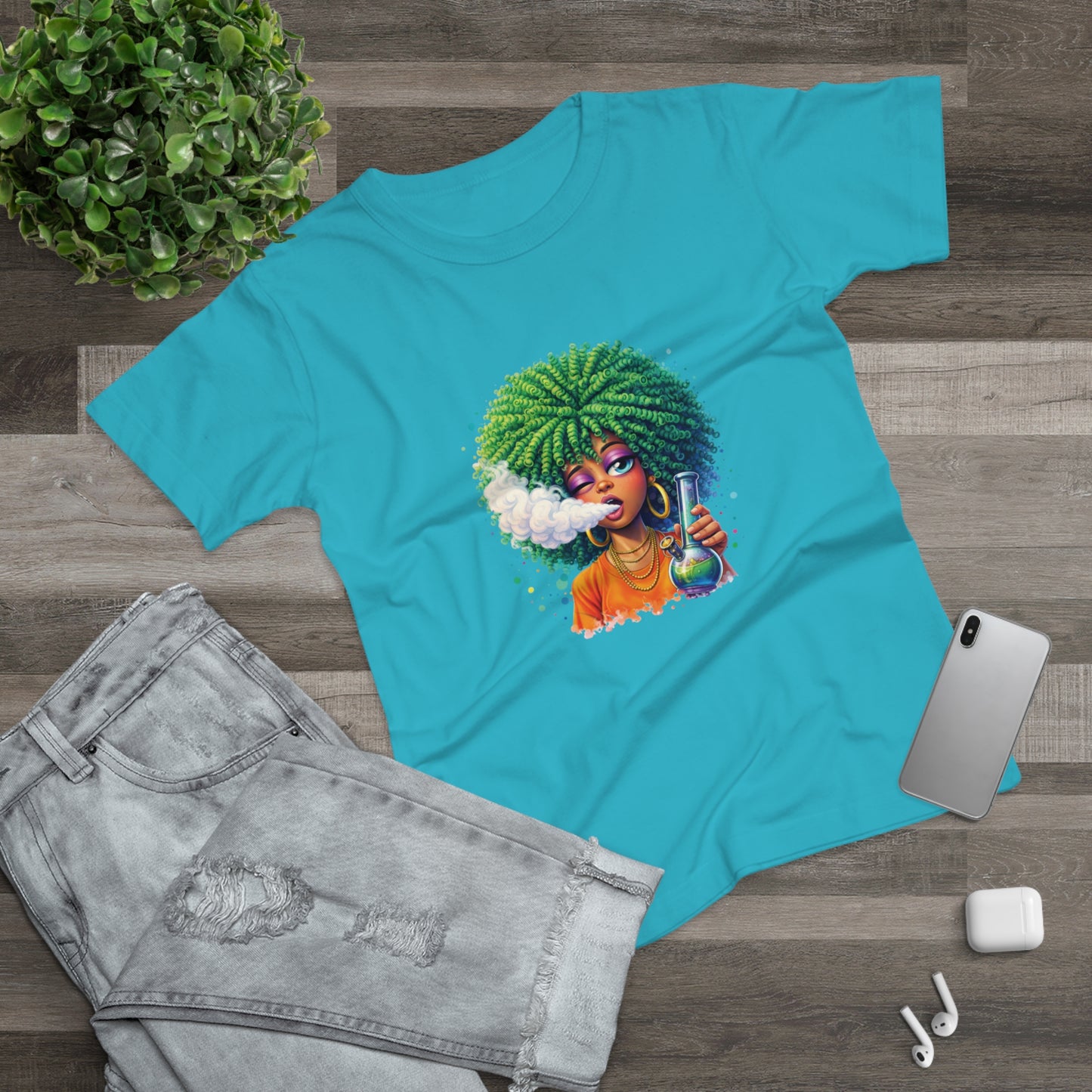 Women’s Graphic T‑Shirt — Afro Puff Girl Vaping Art