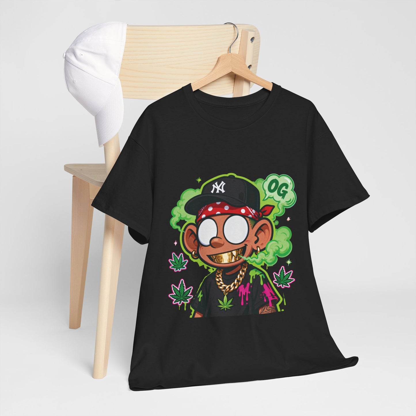 T-Shirt — OG Cartoon Stoner Graphic Tee (Green Smoke & Leaf Design)