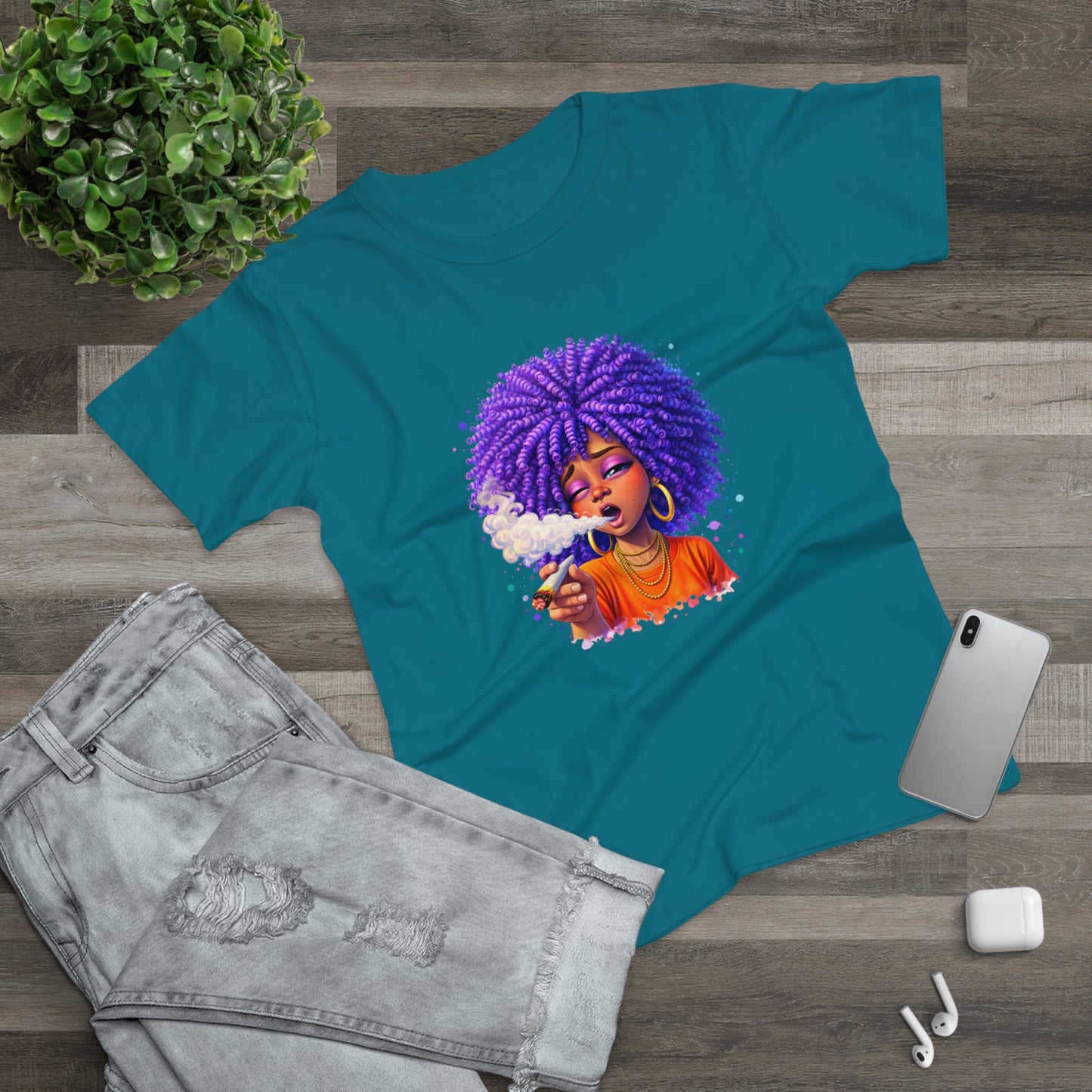 Women's T-Shirt — Purple Afro Girl Art Graphic Tee (Smoke Vibe)