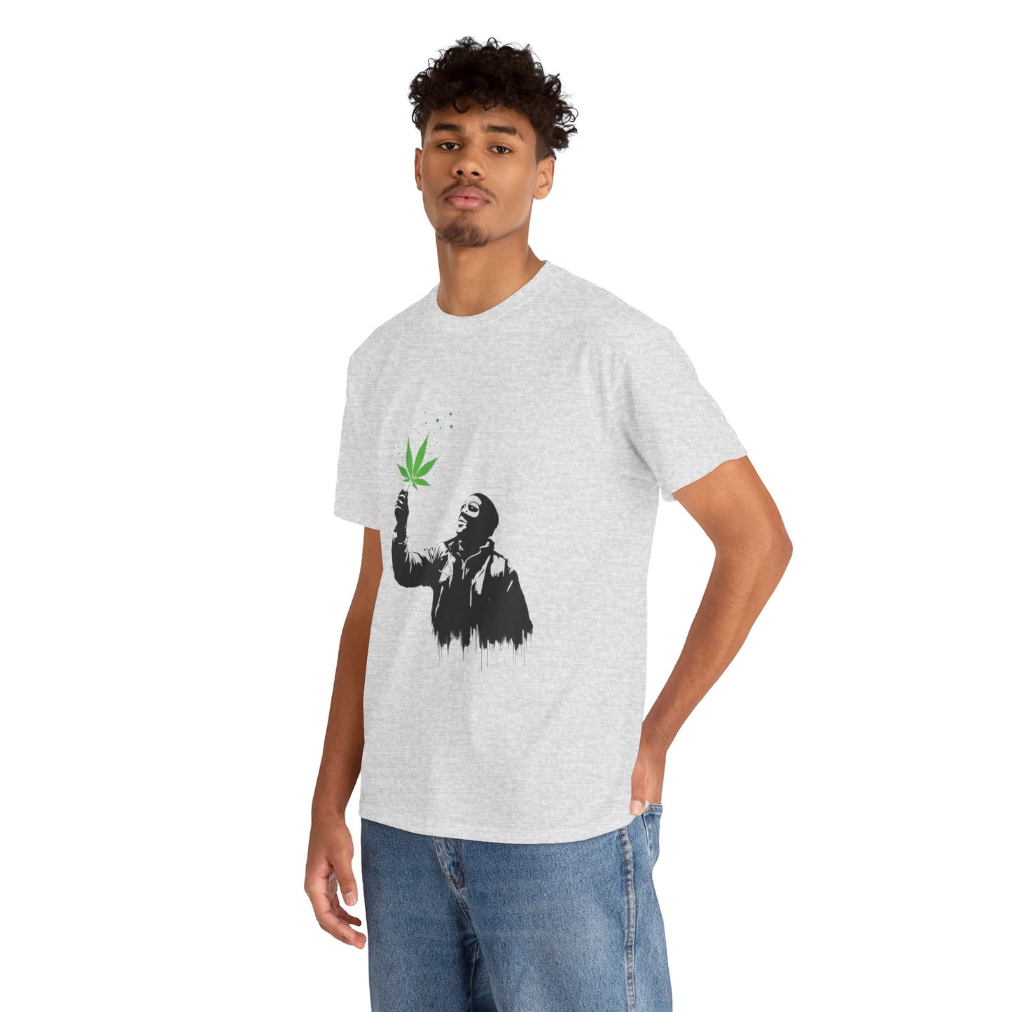 Weed Leaf Stencil Tee — Man Holding Green 420 Graphic T-Shirt