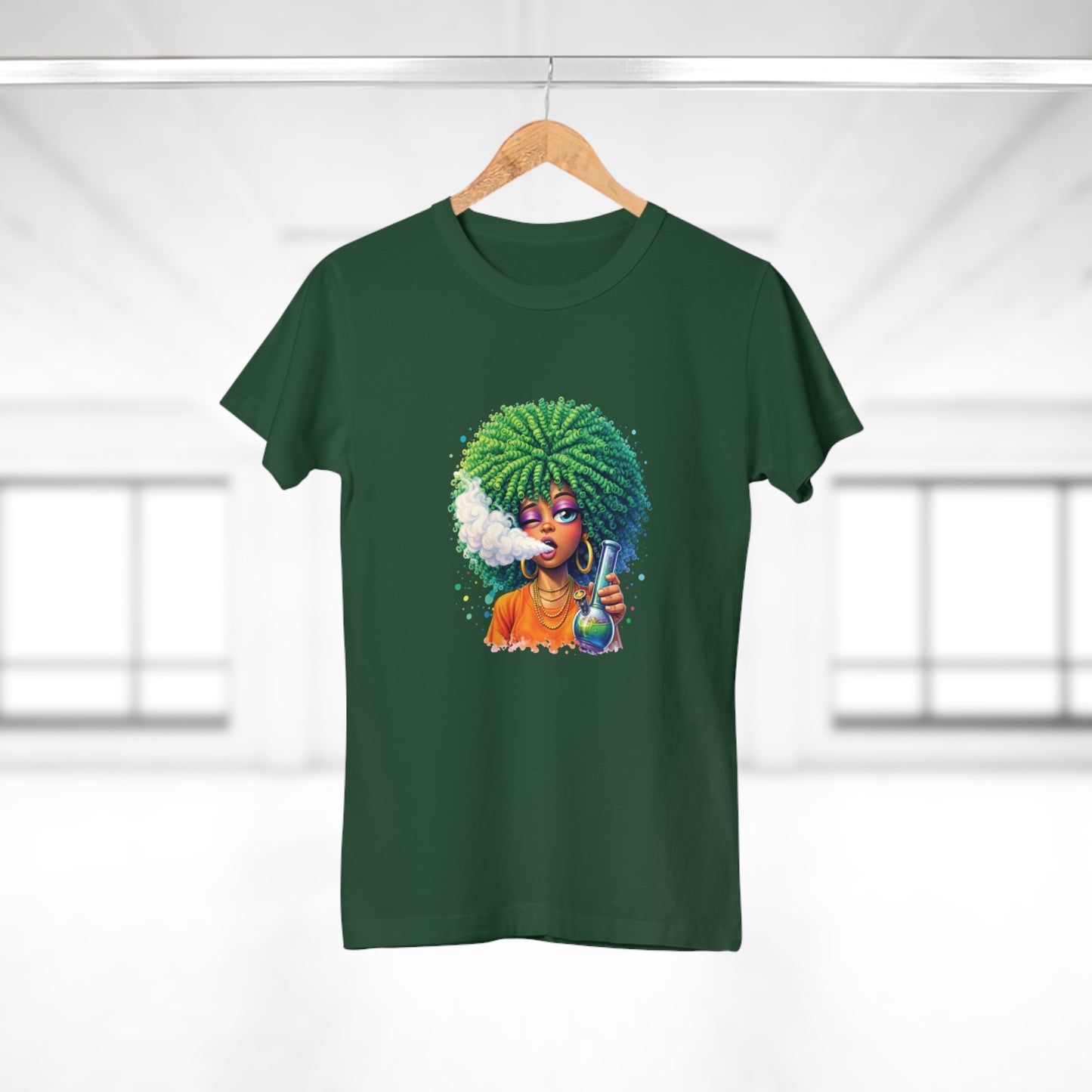 Women’s Graphic T‑Shirt — Afro Puff Girl Vaping Art