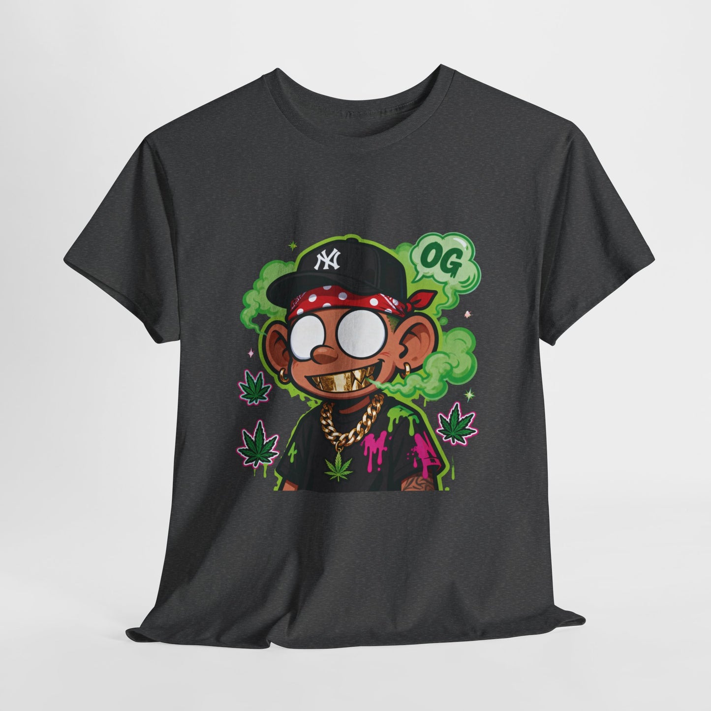 T-Shirt — OG Cartoon Stoner Graphic Tee (Green Smoke & Leaf Design)