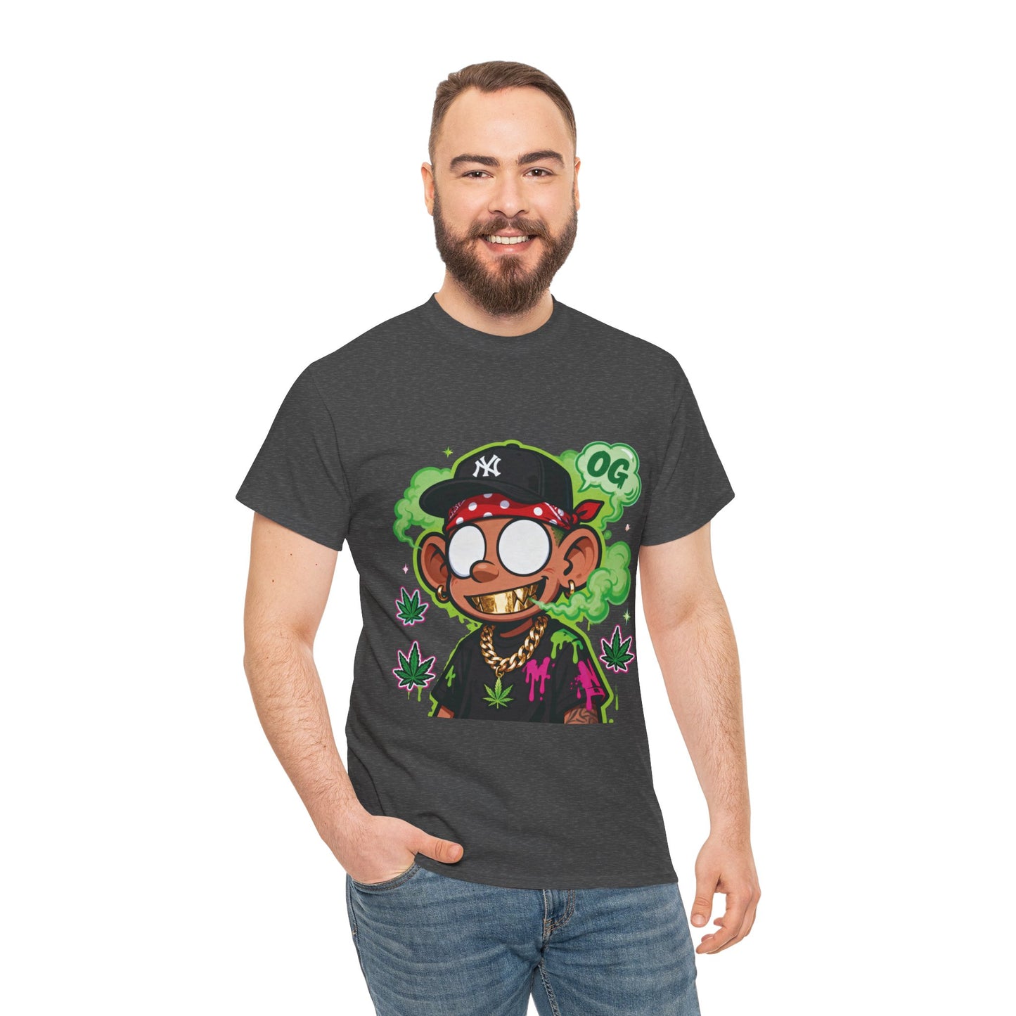 T-Shirt — OG Cartoon Stoner Graphic Tee (Green Smoke & Leaf Design)