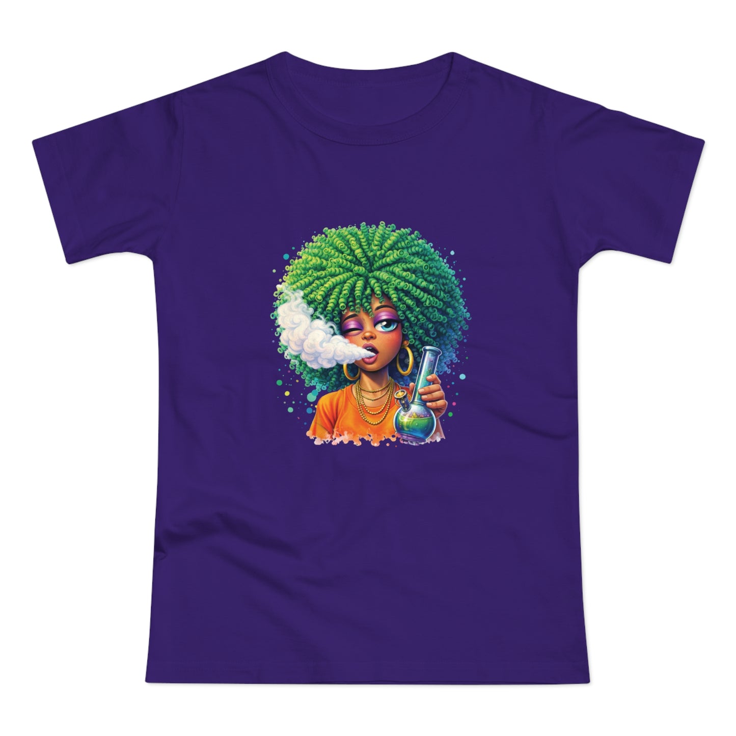 Women’s Graphic T‑Shirt — Afro Puff Girl Vaping Art