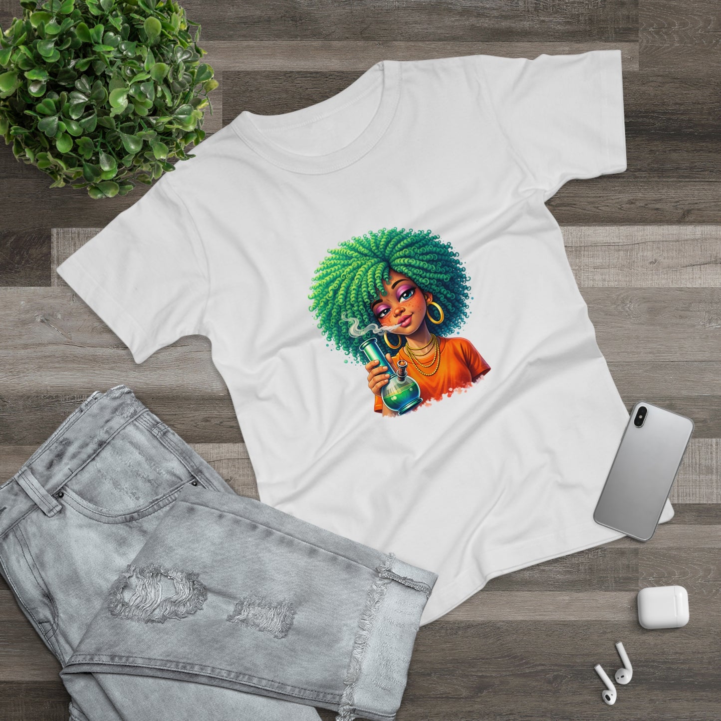 Afro Green Hair Scientist T‑Shirt — Cute Black Girl Chemist Graphic Tee