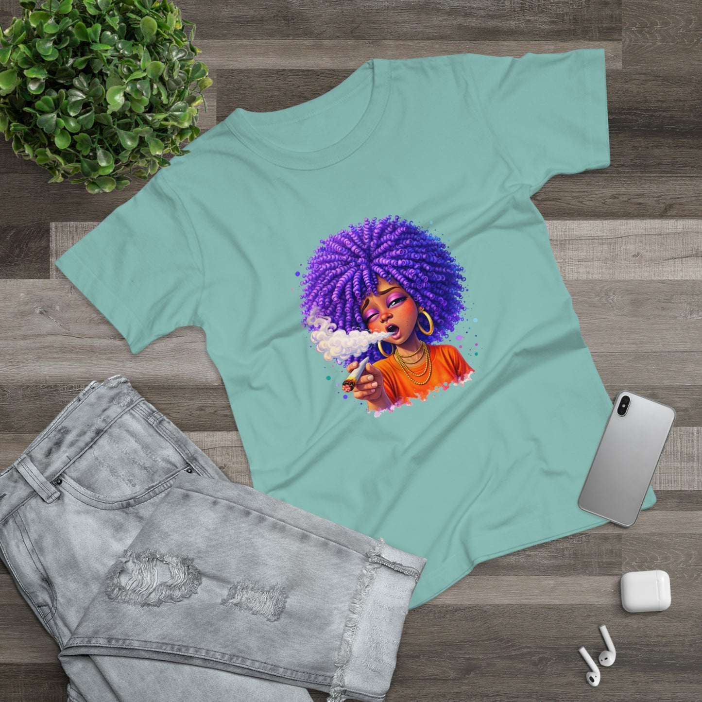 Women's T-Shirt — Purple Afro Girl Art Graphic Tee (Smoke Vibe)
