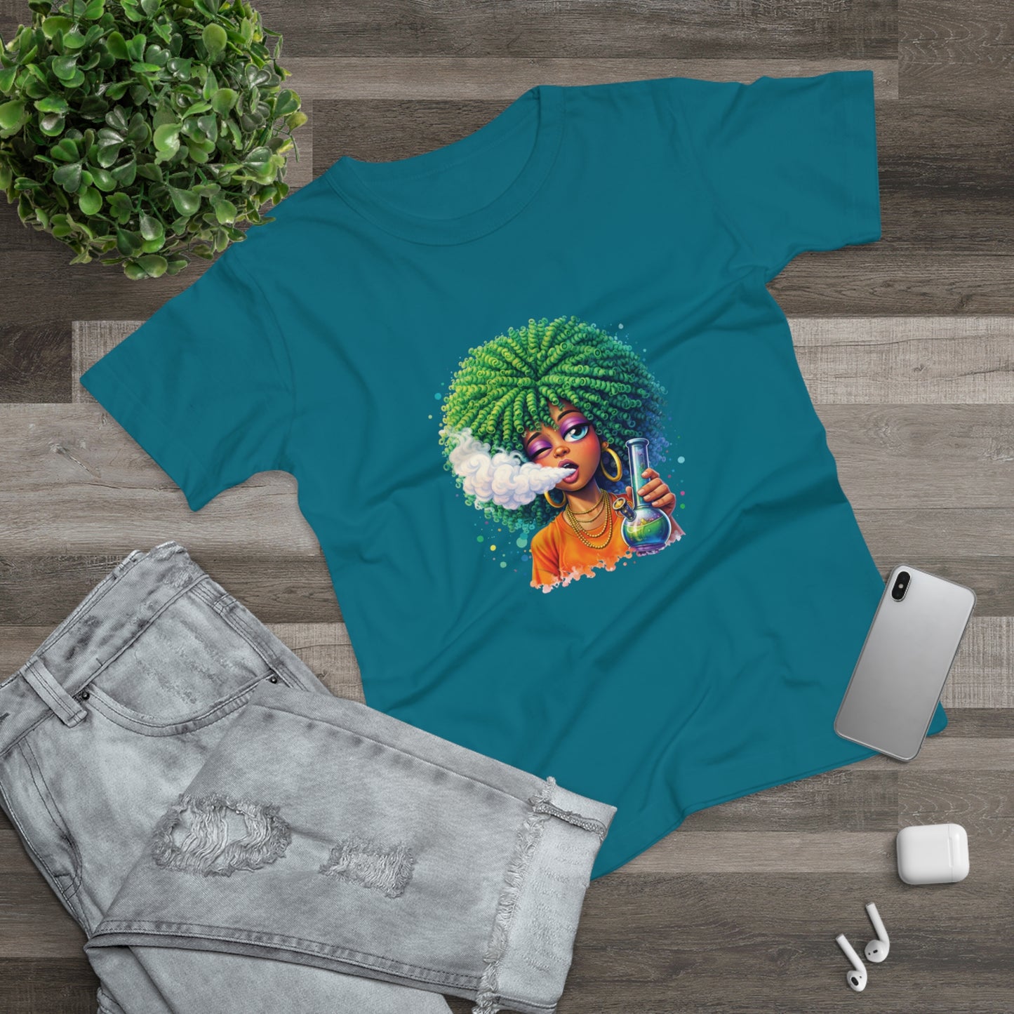 Women’s Graphic T‑Shirt — Afro Puff Girl Vaping Art