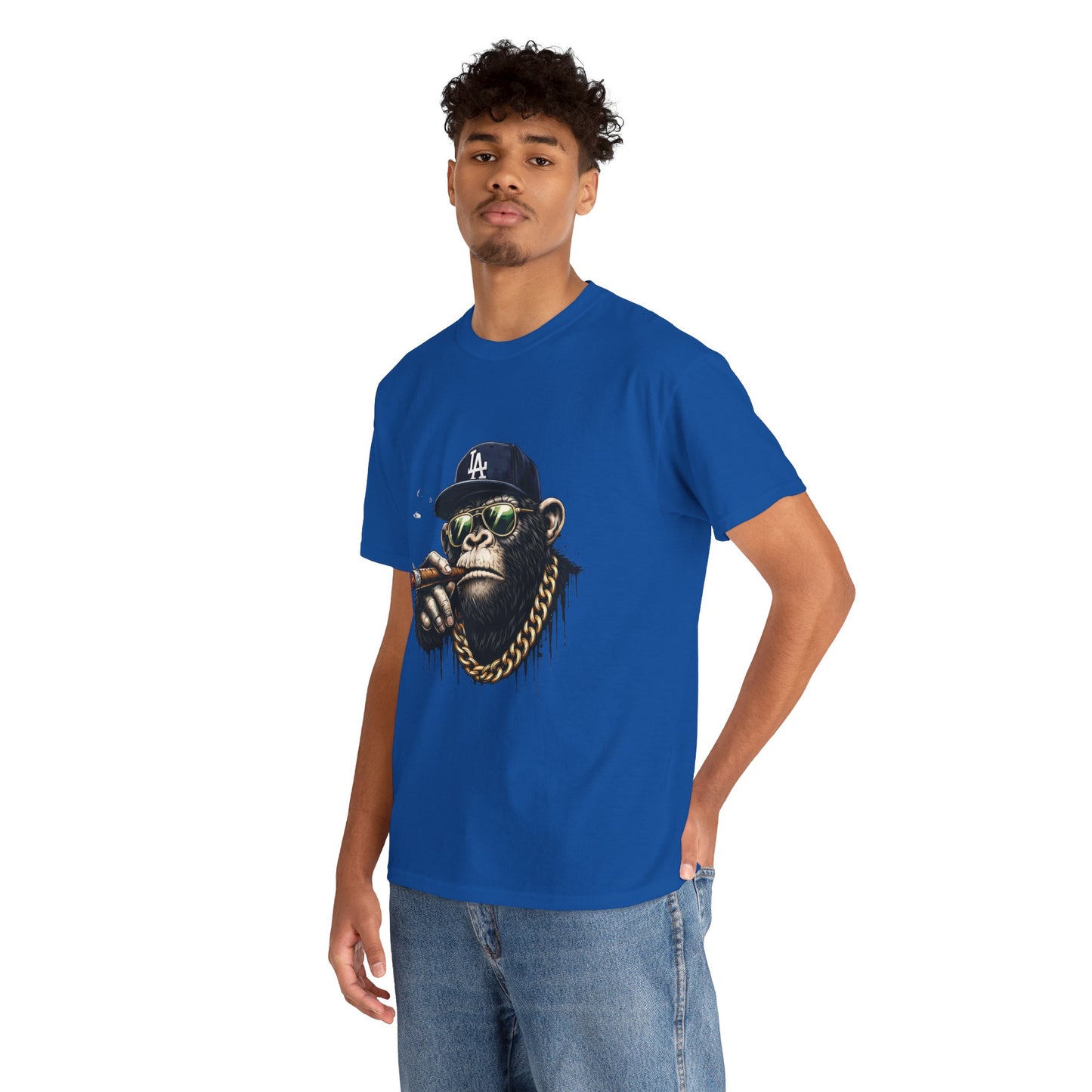 Cigar-Chomping Hip Hop Monkey T-Shirt — LA Cap & Gold Chain Streetwear