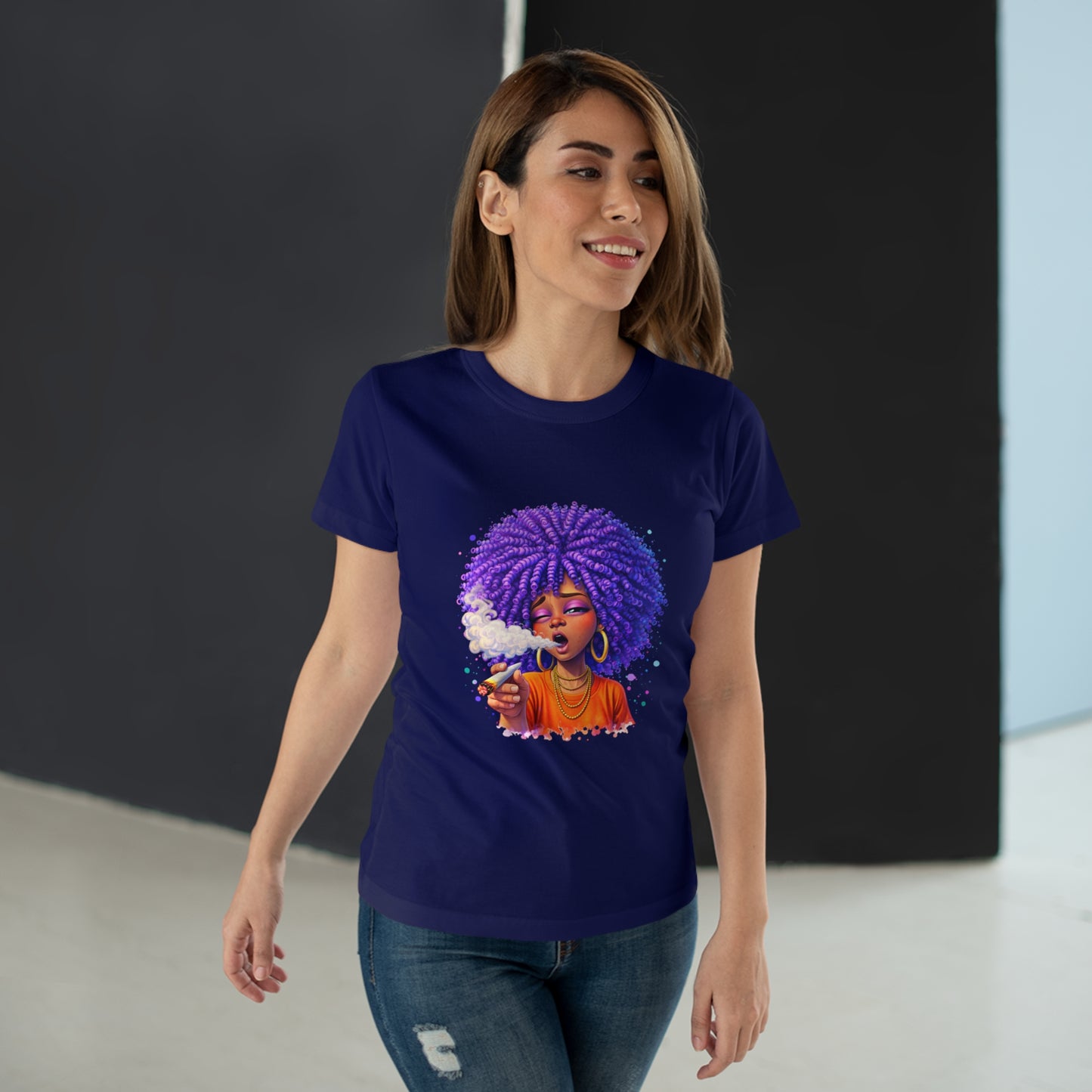 Women's T-Shirt — Purple Afro Girl Art Graphic Tee (Smoke Vibe)