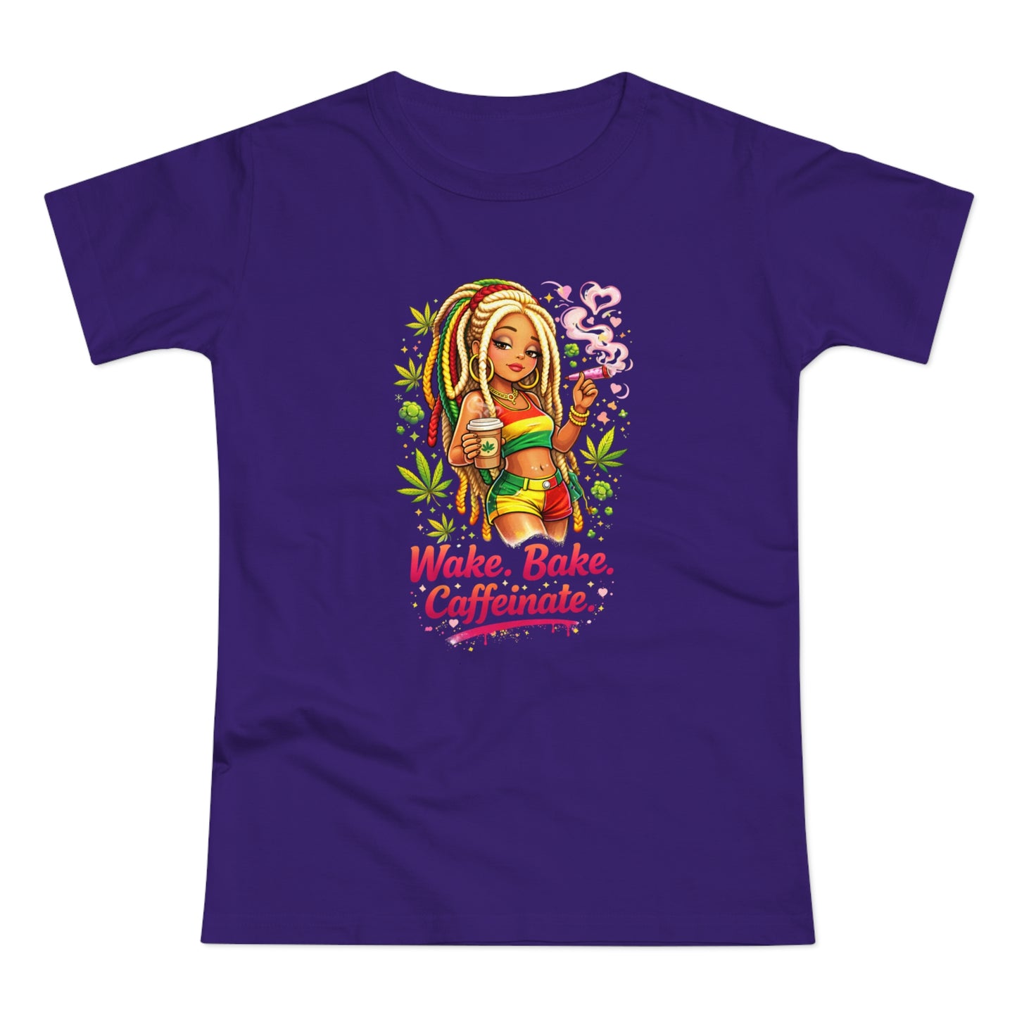 Wake, Bake, Caffeinate T-Shirt — Rasta Girl Coffee & Weed Graphic Tee