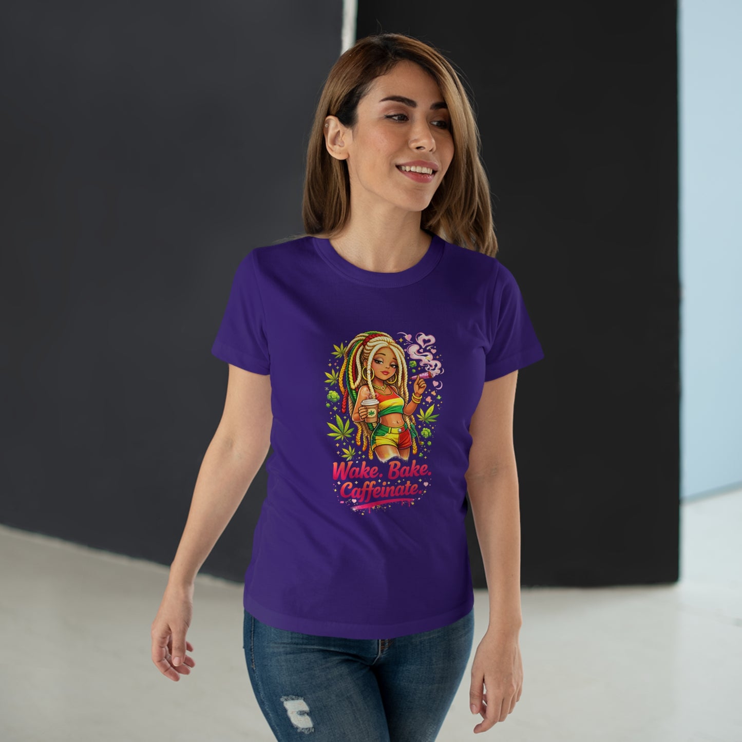 Wake, Bake, Caffeinate T-Shirt — Rasta Girl Coffee & Weed Graphic Tee