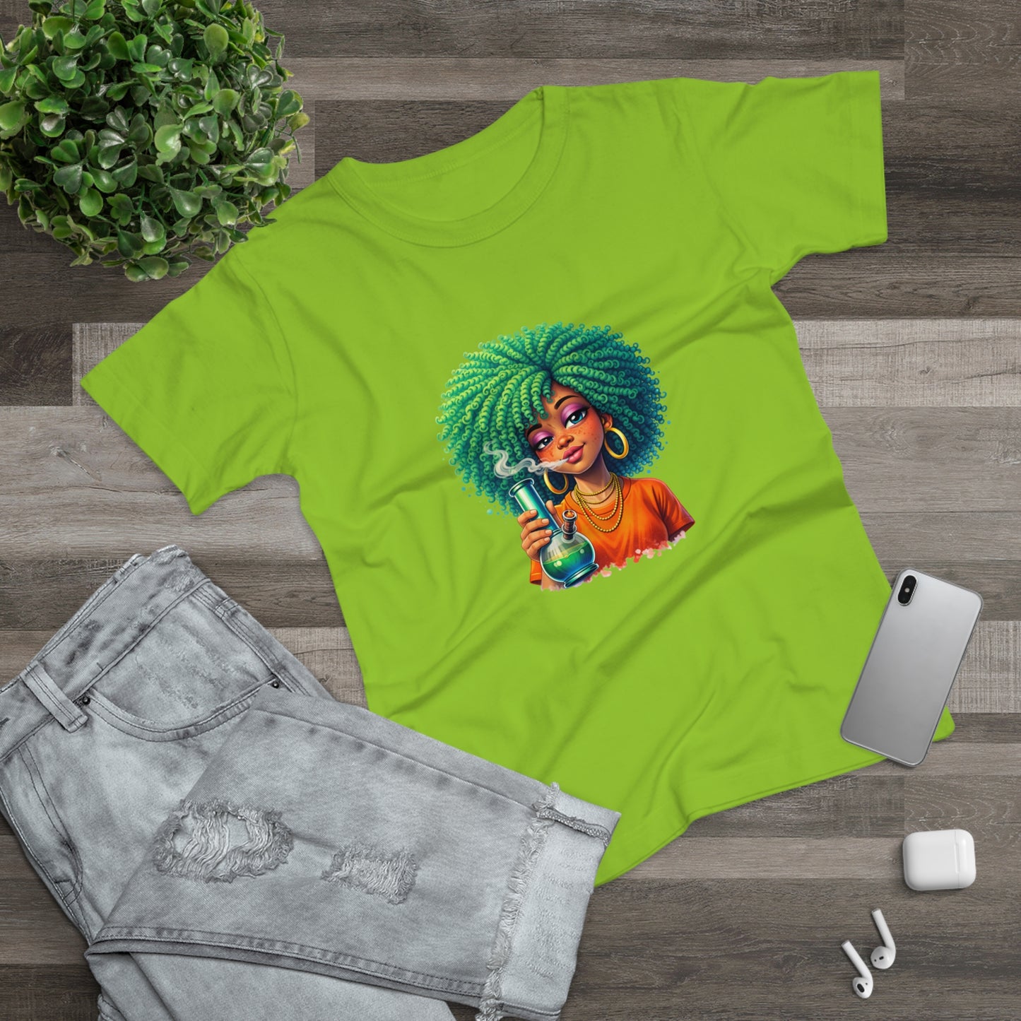 Afro Green Hair Scientist T‑Shirt — Cute Black Girl Chemist Graphic Tee