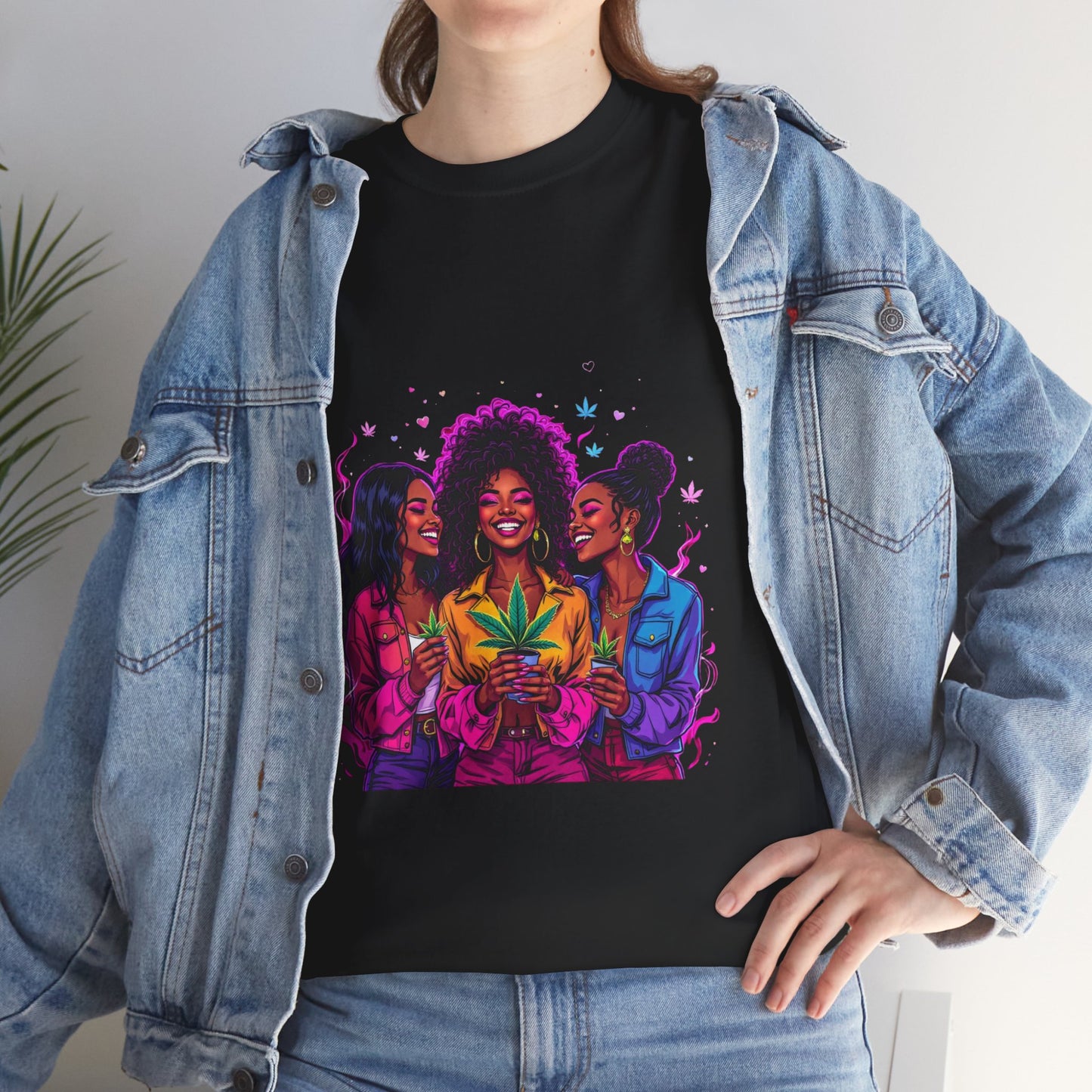 Black Tee — Vibrant Afro Women Holding 420 Leaf Graphic Shirt