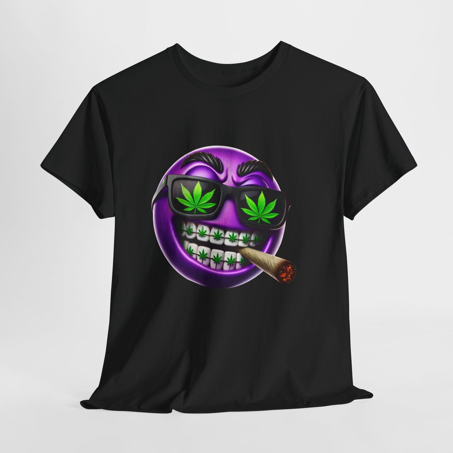 420 Smiley T-Shirt — Purple Grinning Emoticon with Weed Sunglasses & Joint