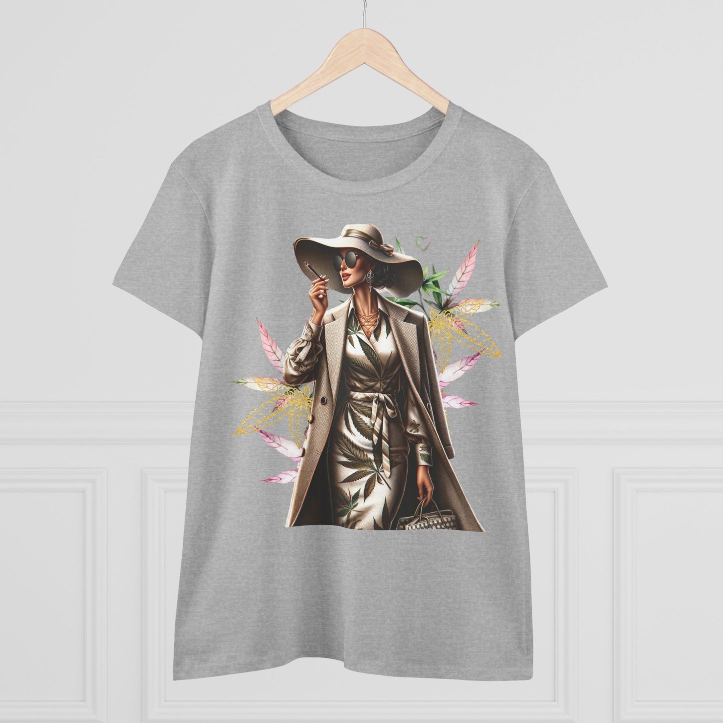 Chic Floral Fashion Tee — Stylish Woman in Trench & Sun Hat Graphic