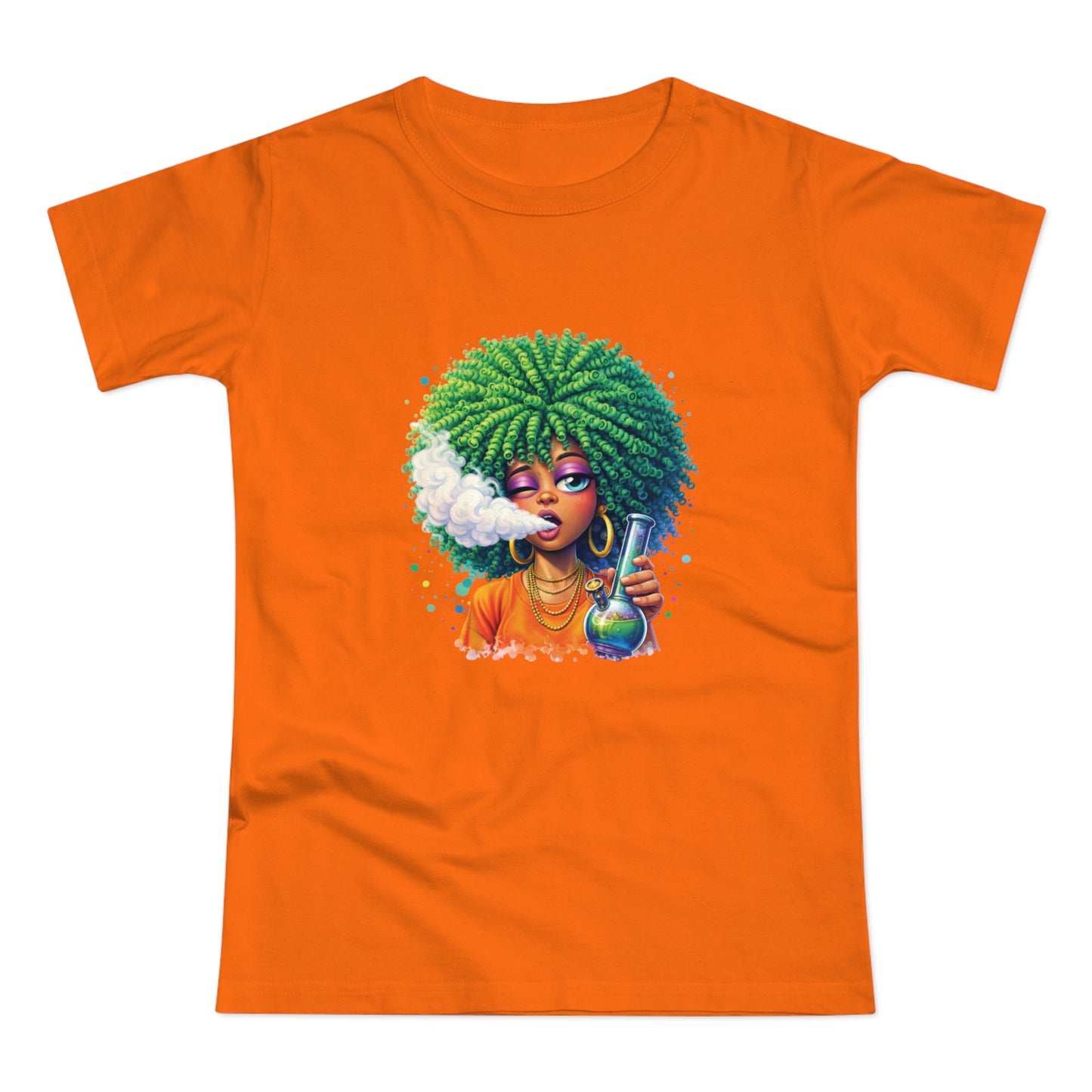 Women’s Graphic T‑Shirt — Afro Puff Girl Vaping Art