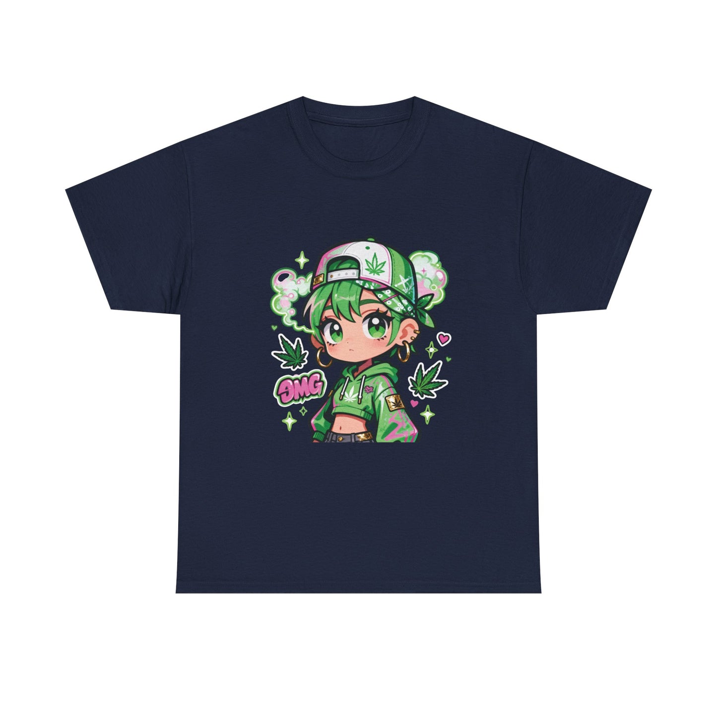 Green Anime Girl Tee — Cute Kawaii Character Shirt with Leaf Accent