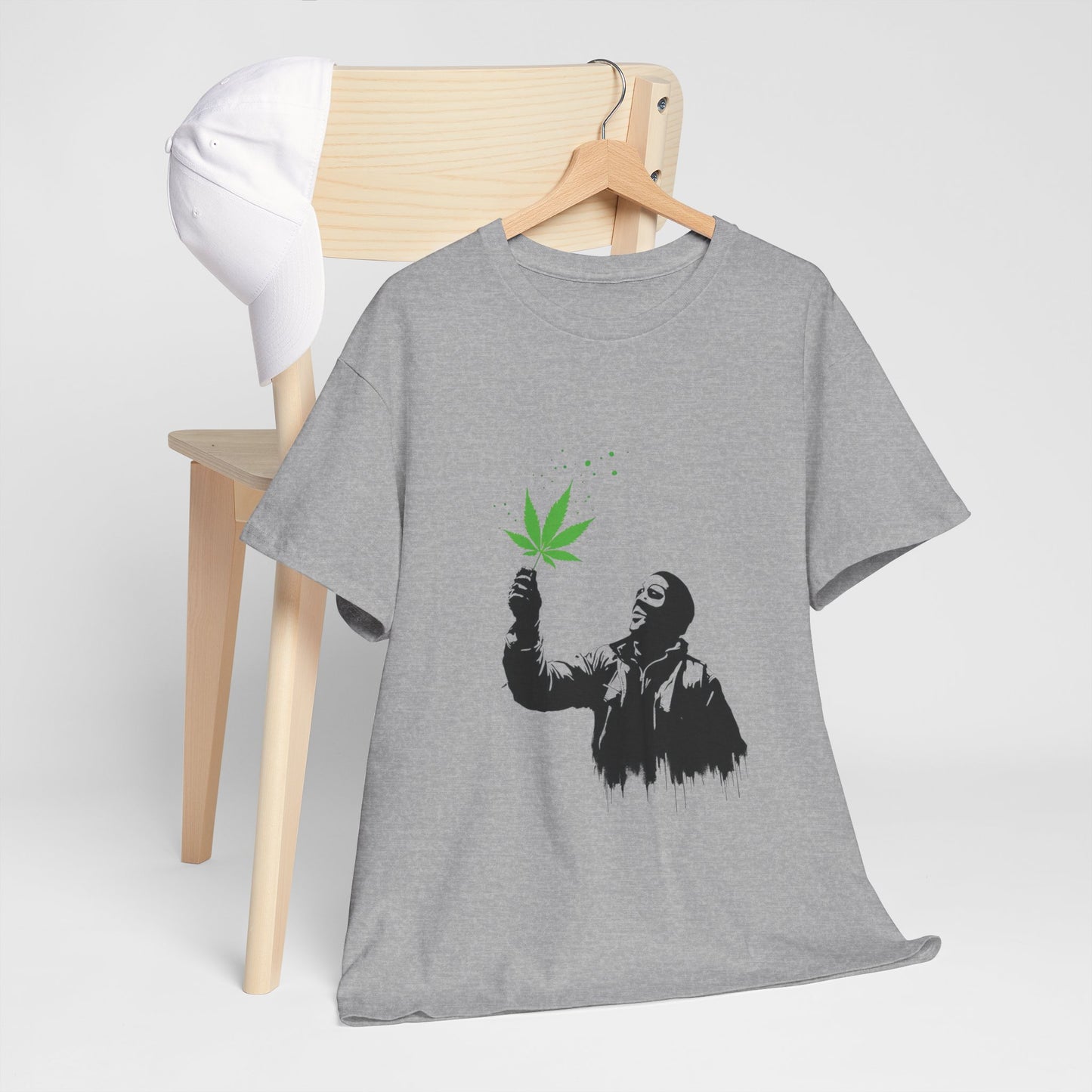 Weed Leaf Stencil Tee — Man Holding Green 420 Graphic T-Shirt